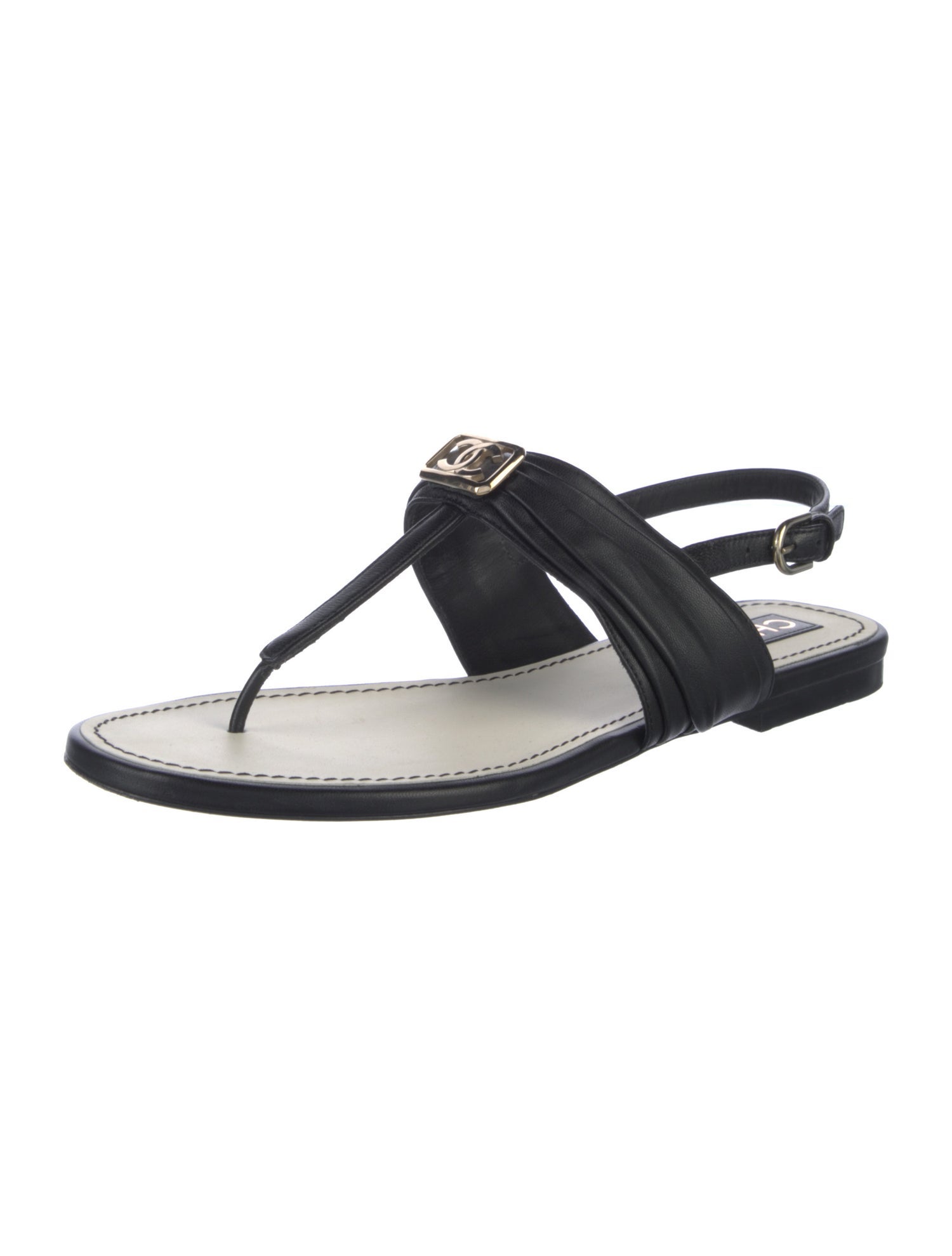 Chanel Interlocking CC Logo Leather T-Strap Sandals
