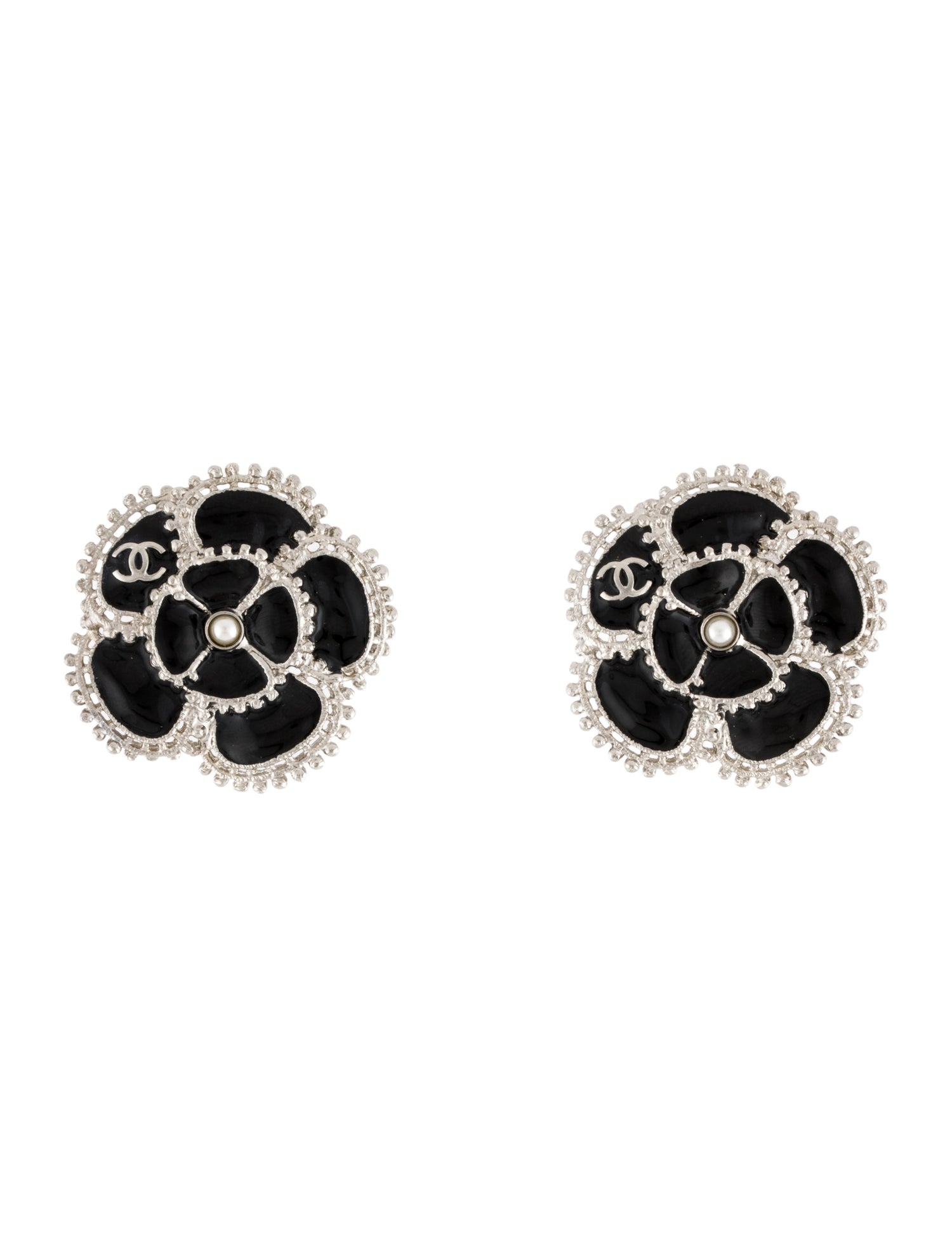 Chanel Faux Pearl & Enamel Camellia Stud Earrings