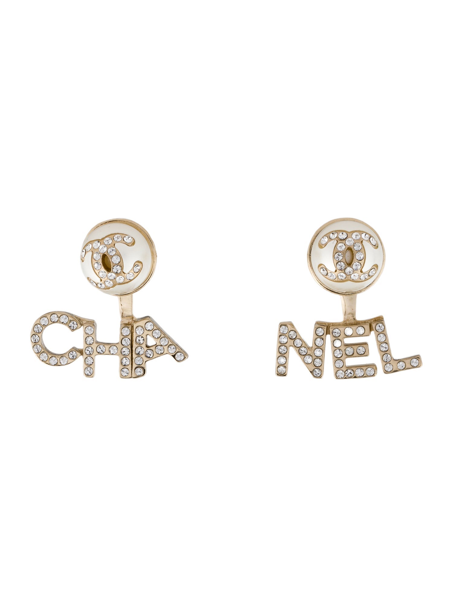 Chanel Faux Pearl & Strass 'CHA-NEL' Jacket Stud Earrings