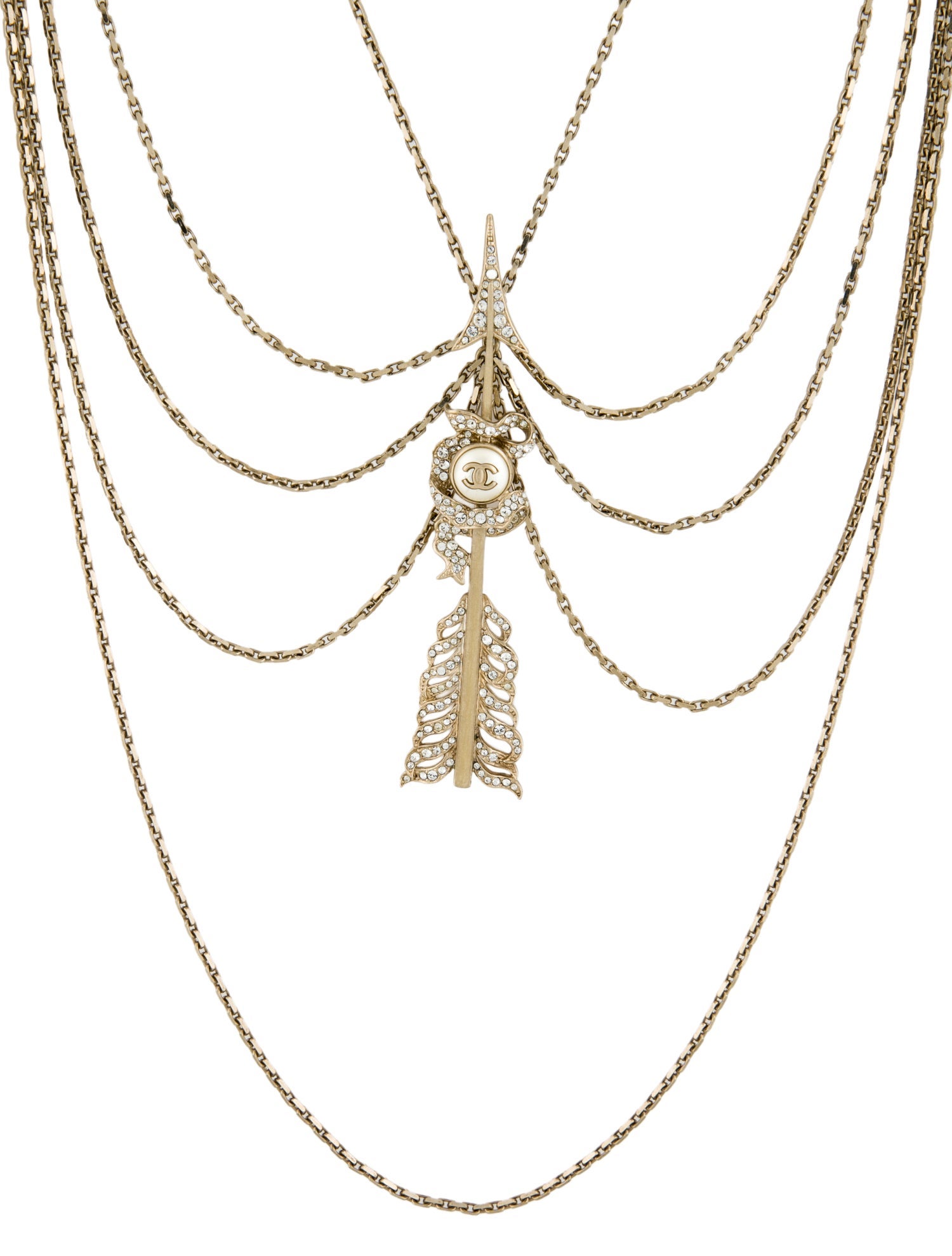 Chanel Faux Pearl & Strass CC Station Arrow Multistrand Necklace