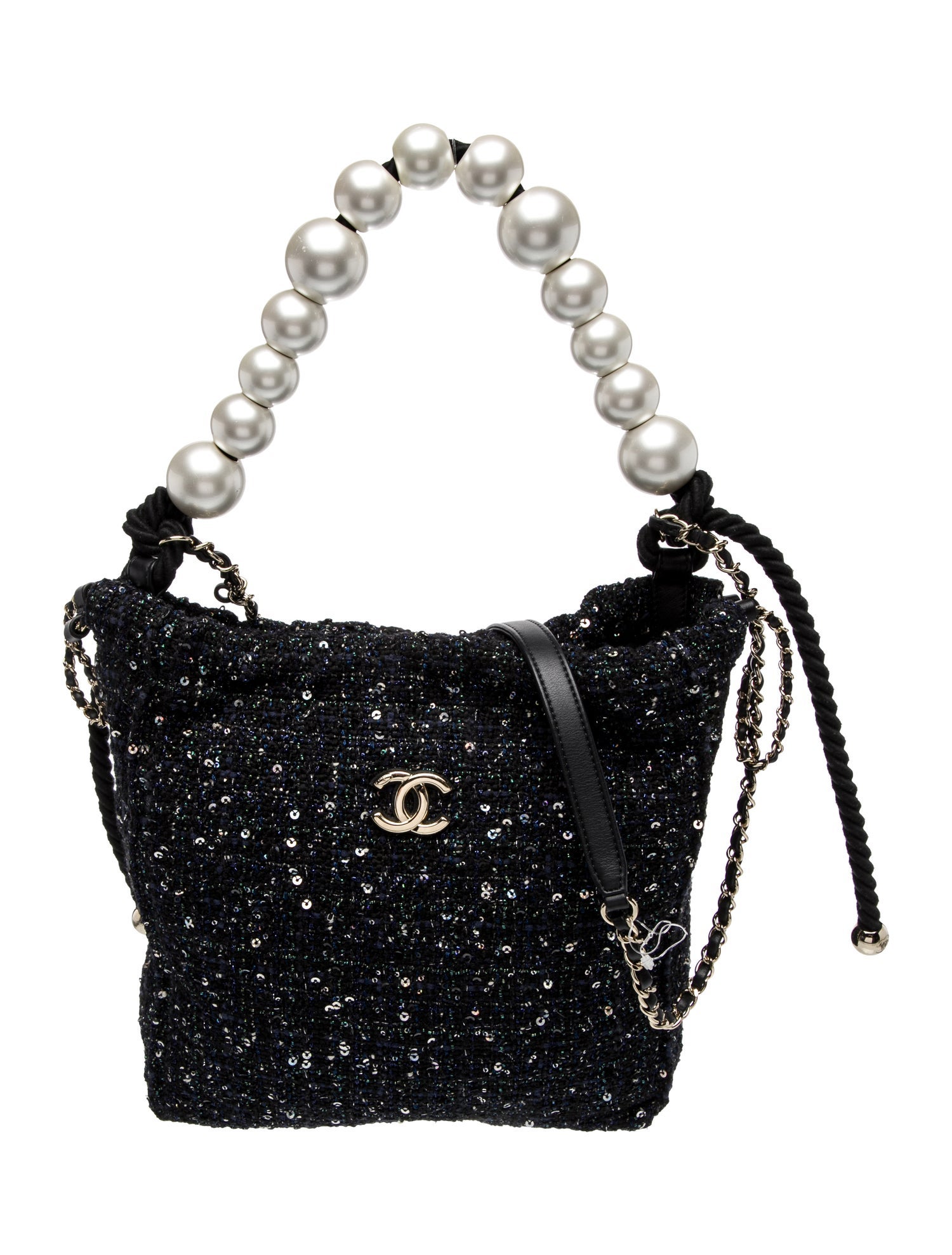 Chanel Tweed Pearl Drawstring Bag - Black Hobos, Handbags