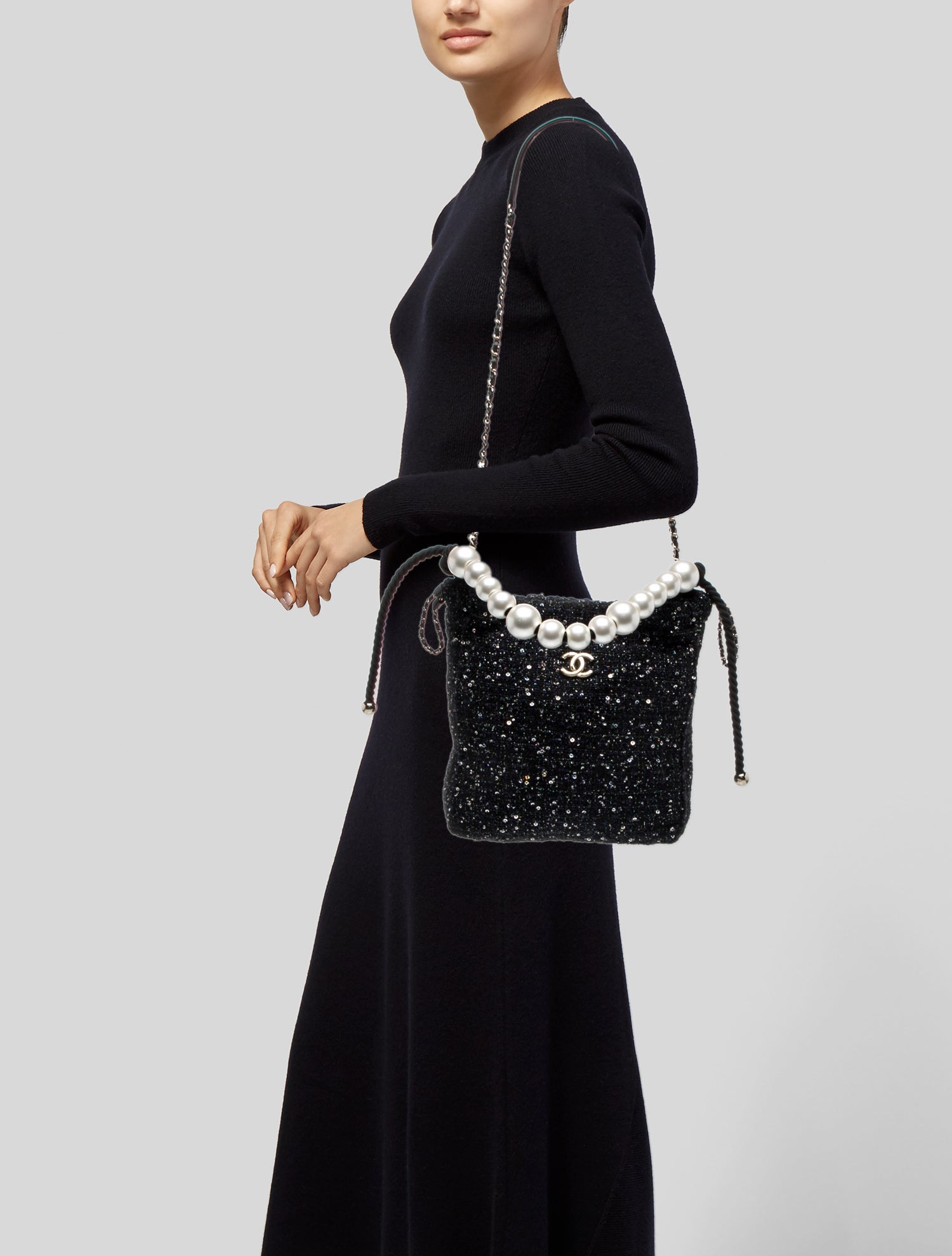 Chanel Tweed Pearl Drawstring Bag - Black Hobos, Handbags
