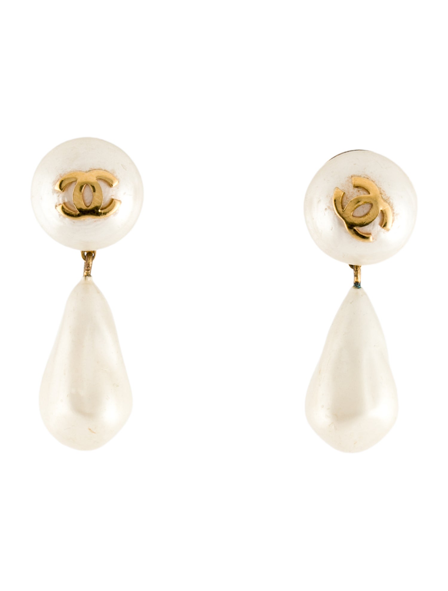 Chanel Vintage Faux Pearl CC Clip-On Drop Earrings