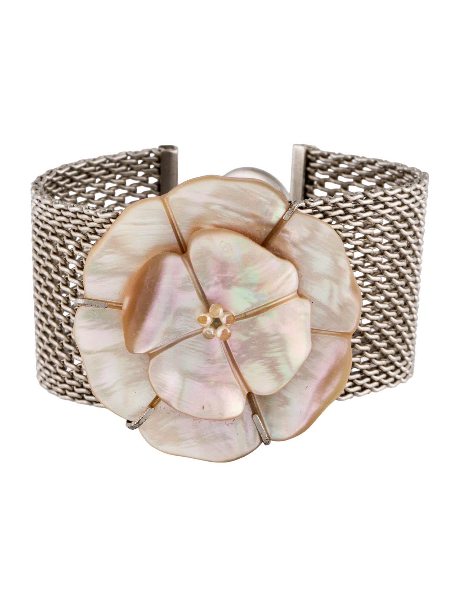 Chanel Vintage Mother Of Pearl Flower Mesh Wrap Bracelet