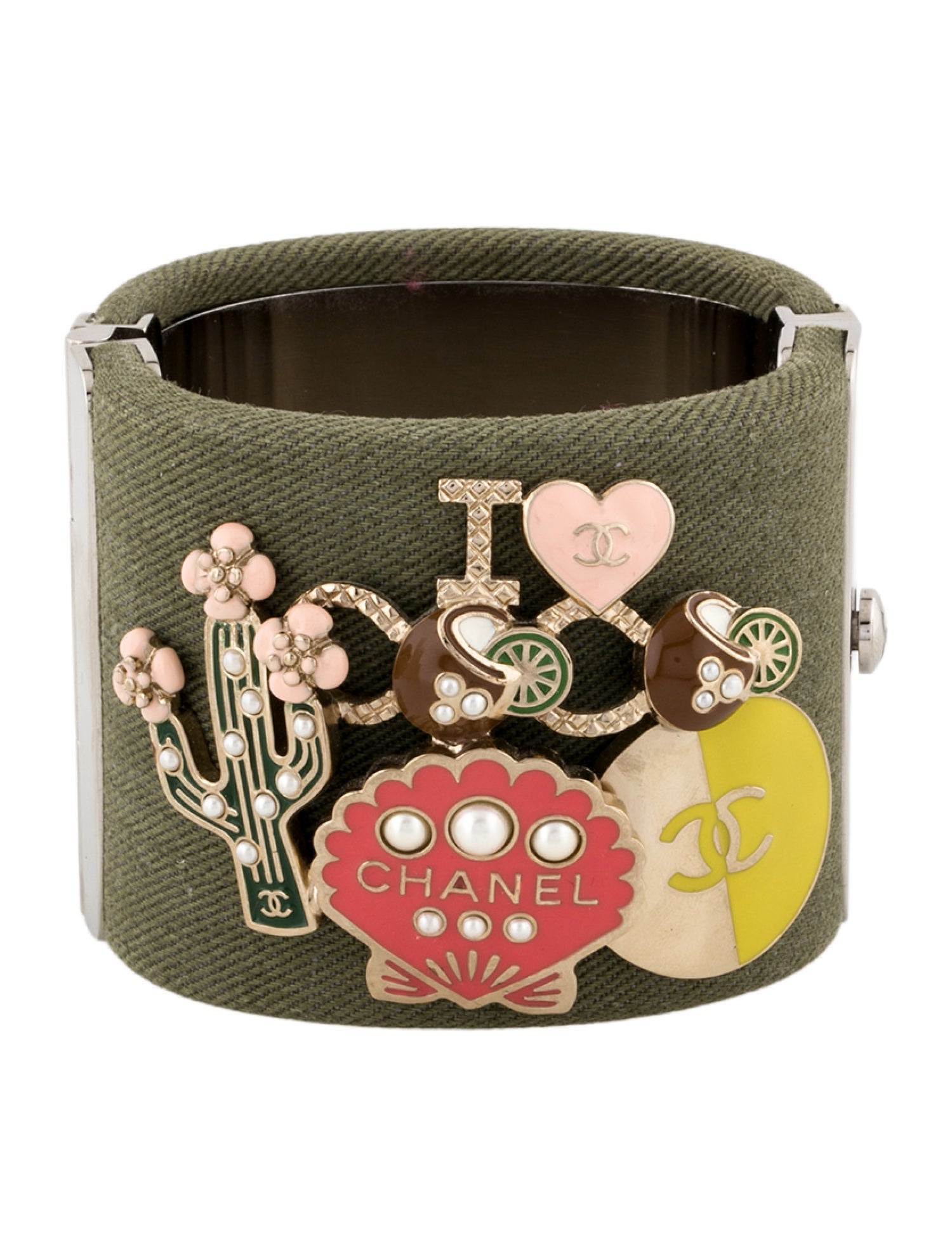 Chanel Faux Pearl, Fabric & Resin hinged Bangle Bracelet