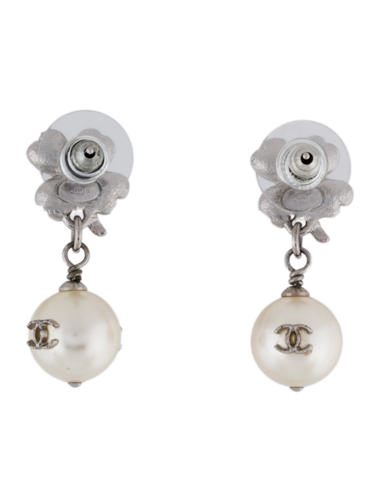 Chanel Faux Pearl & Strass Clover CC Drop Earrings