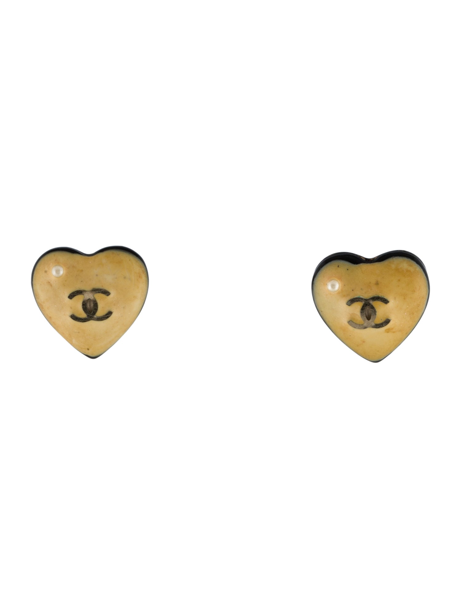 Chanel Faux Pearl & Resin CC Heart Stud Earrings