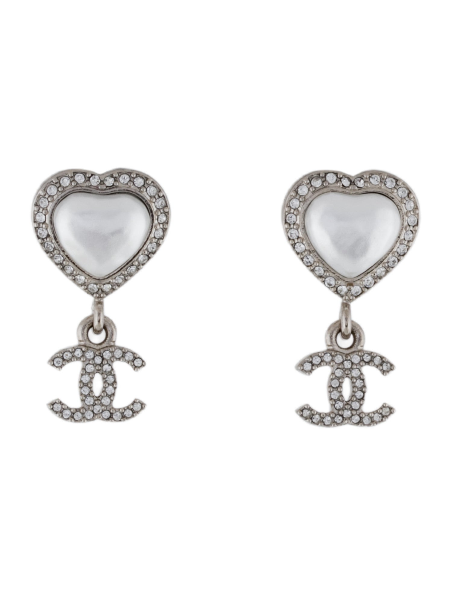 Chanel 2023 Faux Pearl & Strass CC Heart Drop Earrings