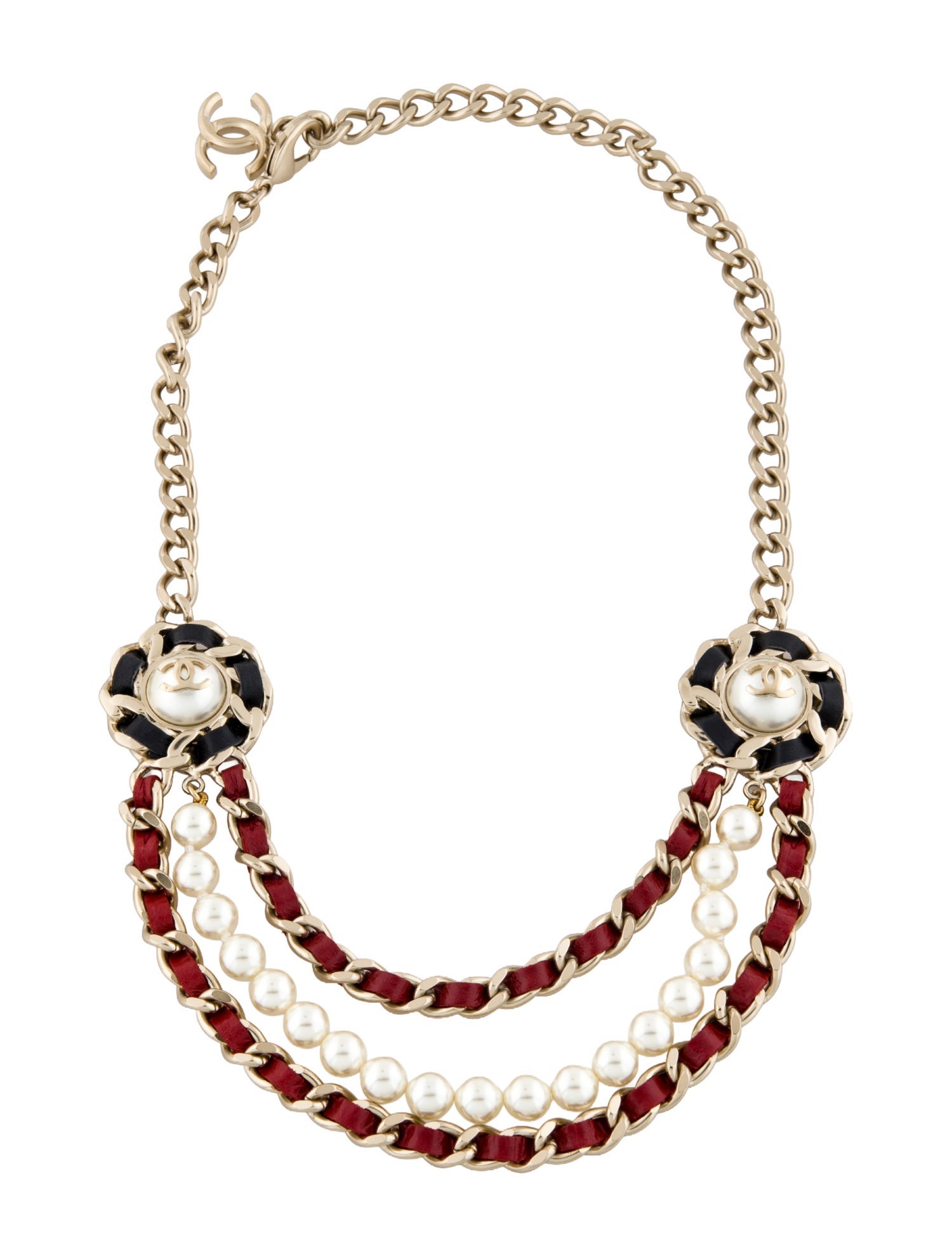 Chanel Faux Pearl & Leather CC Multistrand Necklace