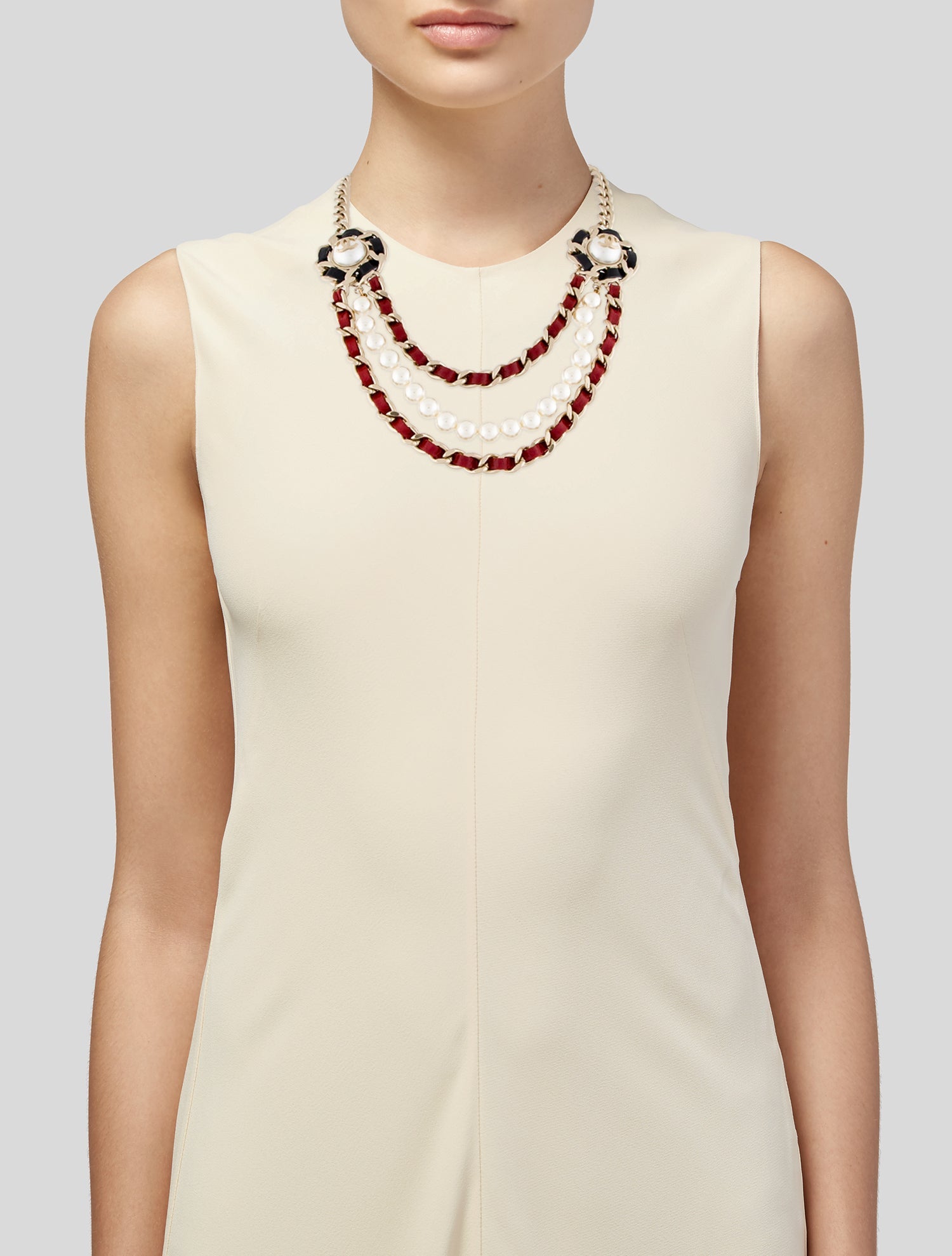 Chanel Faux Pearl & Leather CC Multistrand Necklace