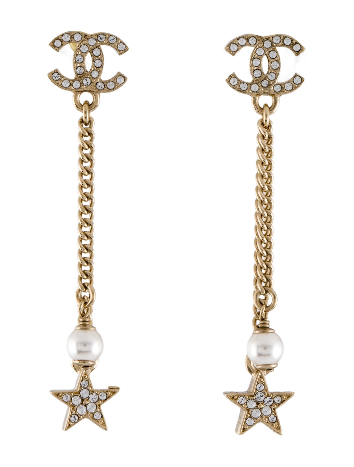 Chanel 2023 Faux Pearl & Strass Star CC Drop Earrings