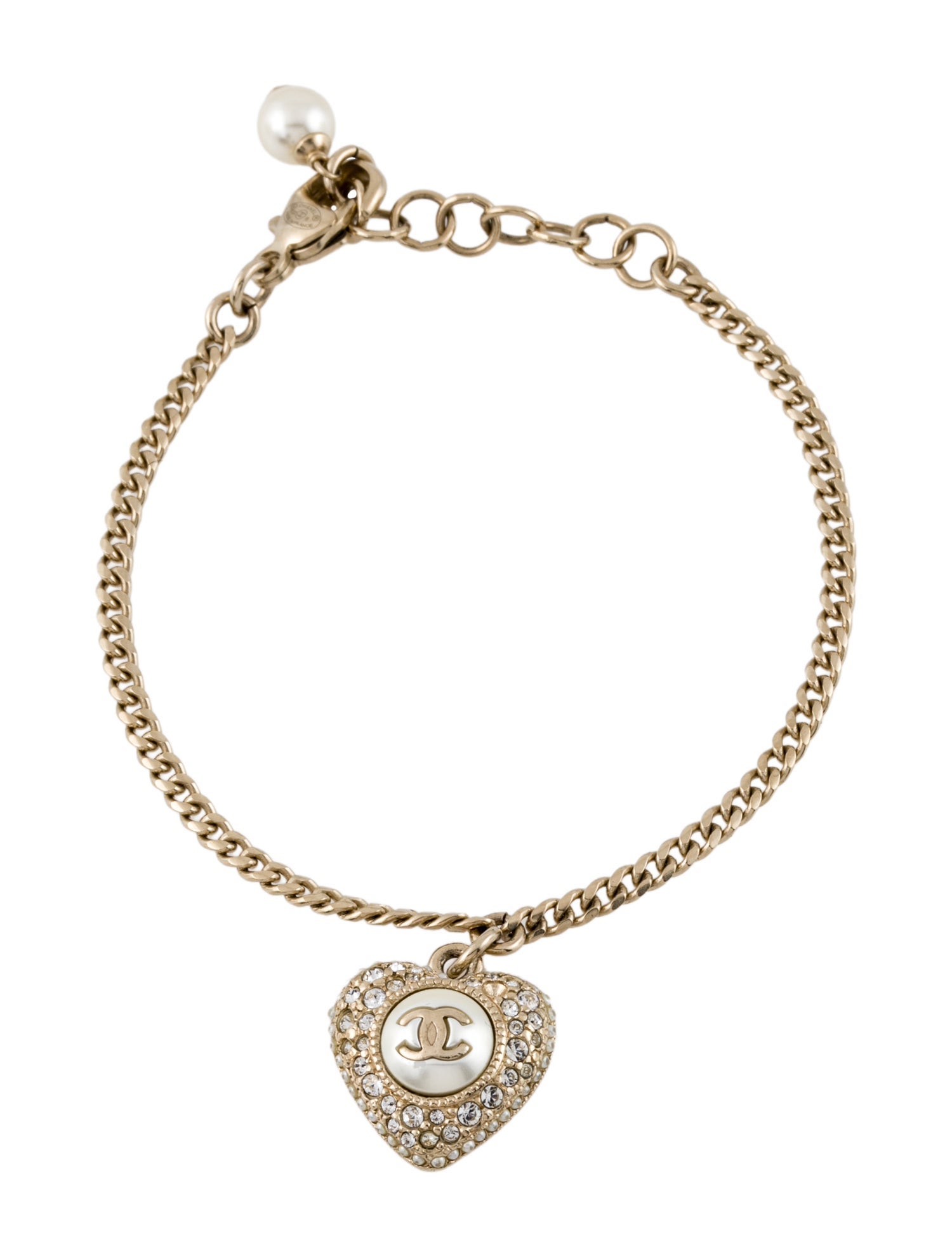 Chanel 2022 Faux Pearl & Strass CC Heart Charm Bracelet