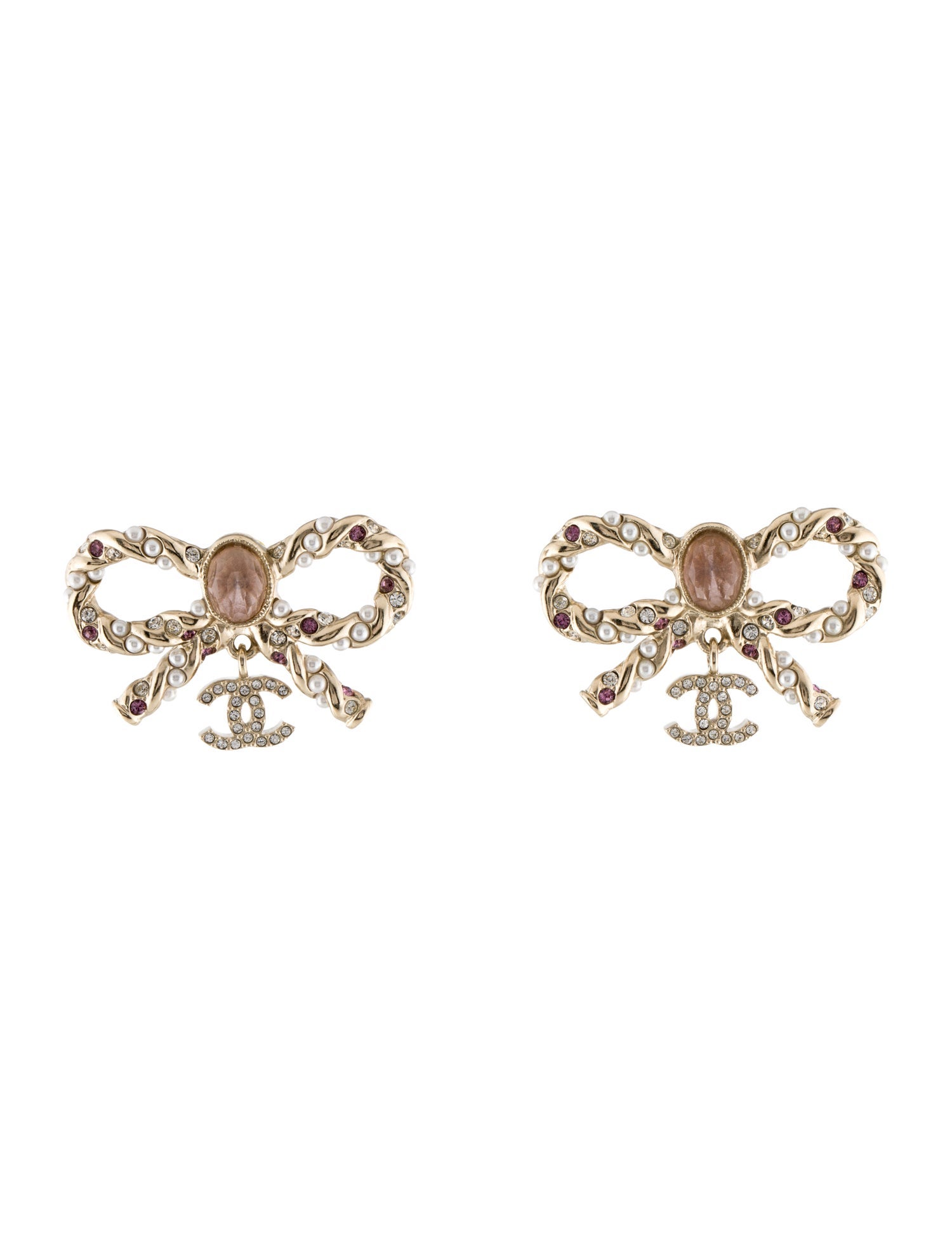 Chanel 2023 Faux Pearl & Strass Bow Earrings