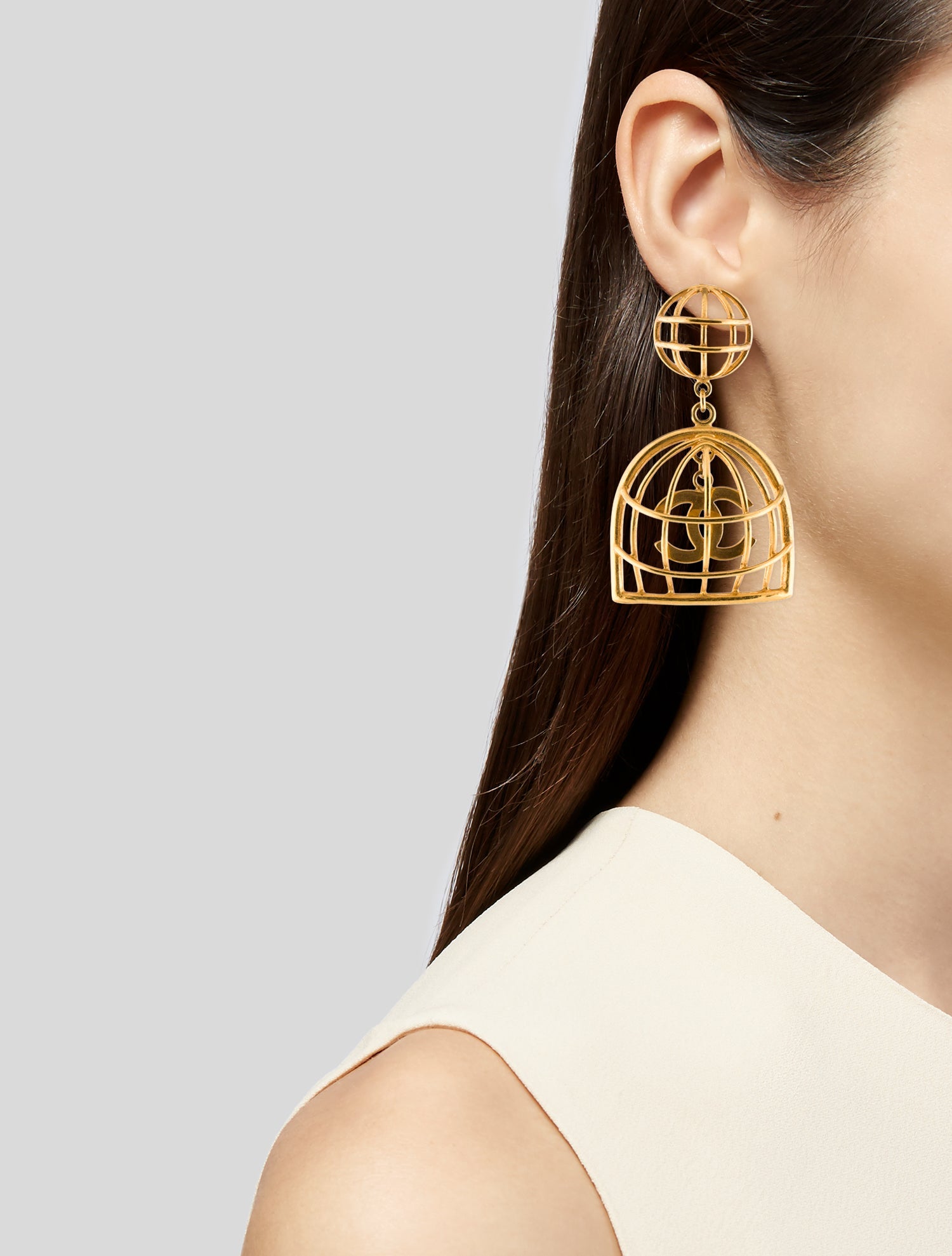 Chanel Vintage CC Cage Clip-On Drop Earrings