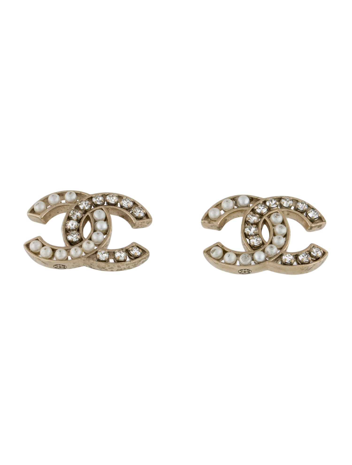Chanel Faux Pearl & Strass CC Stud Earrings