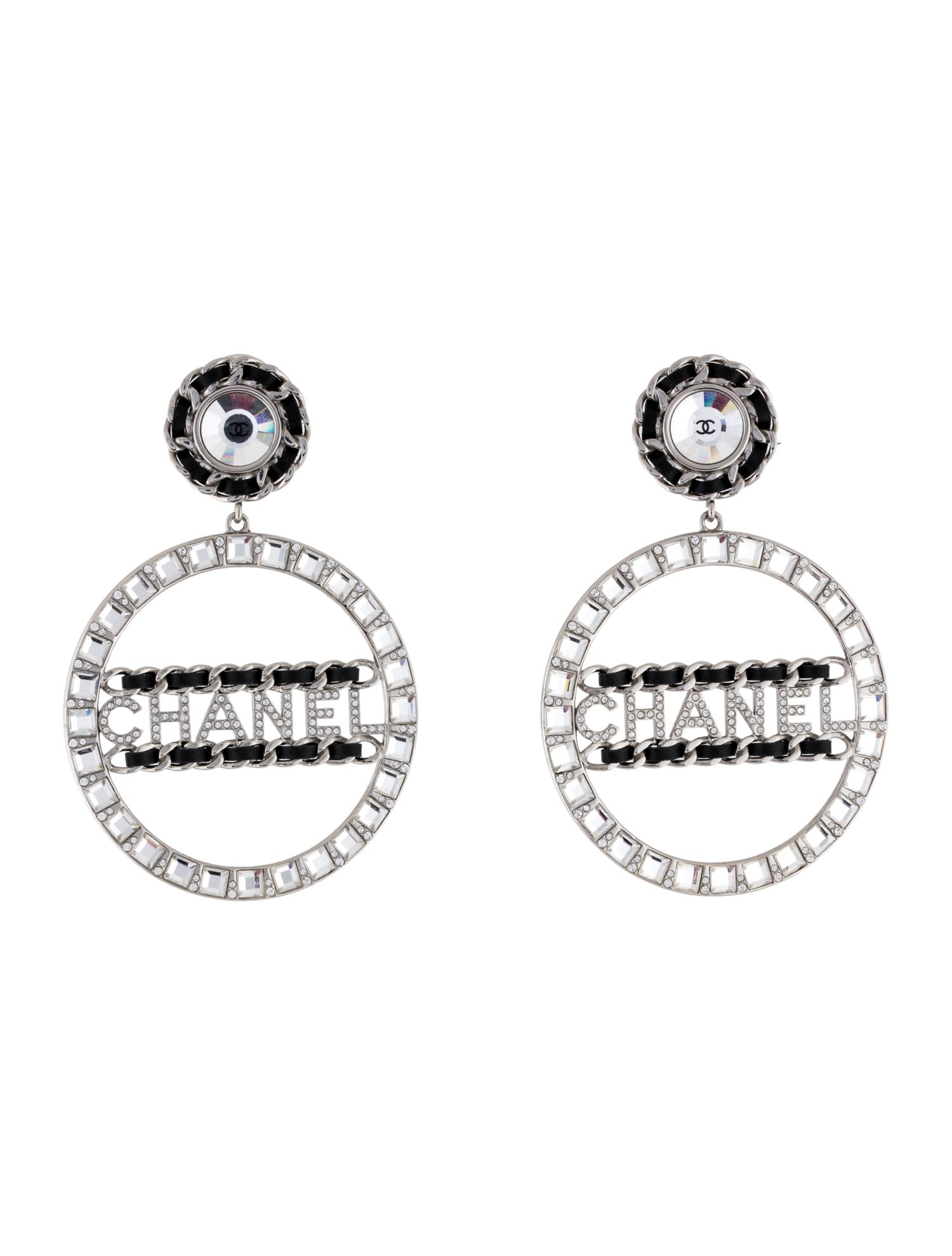 Chanel Leather & Strass 'CHANEL' Clip-On Drop Earrings