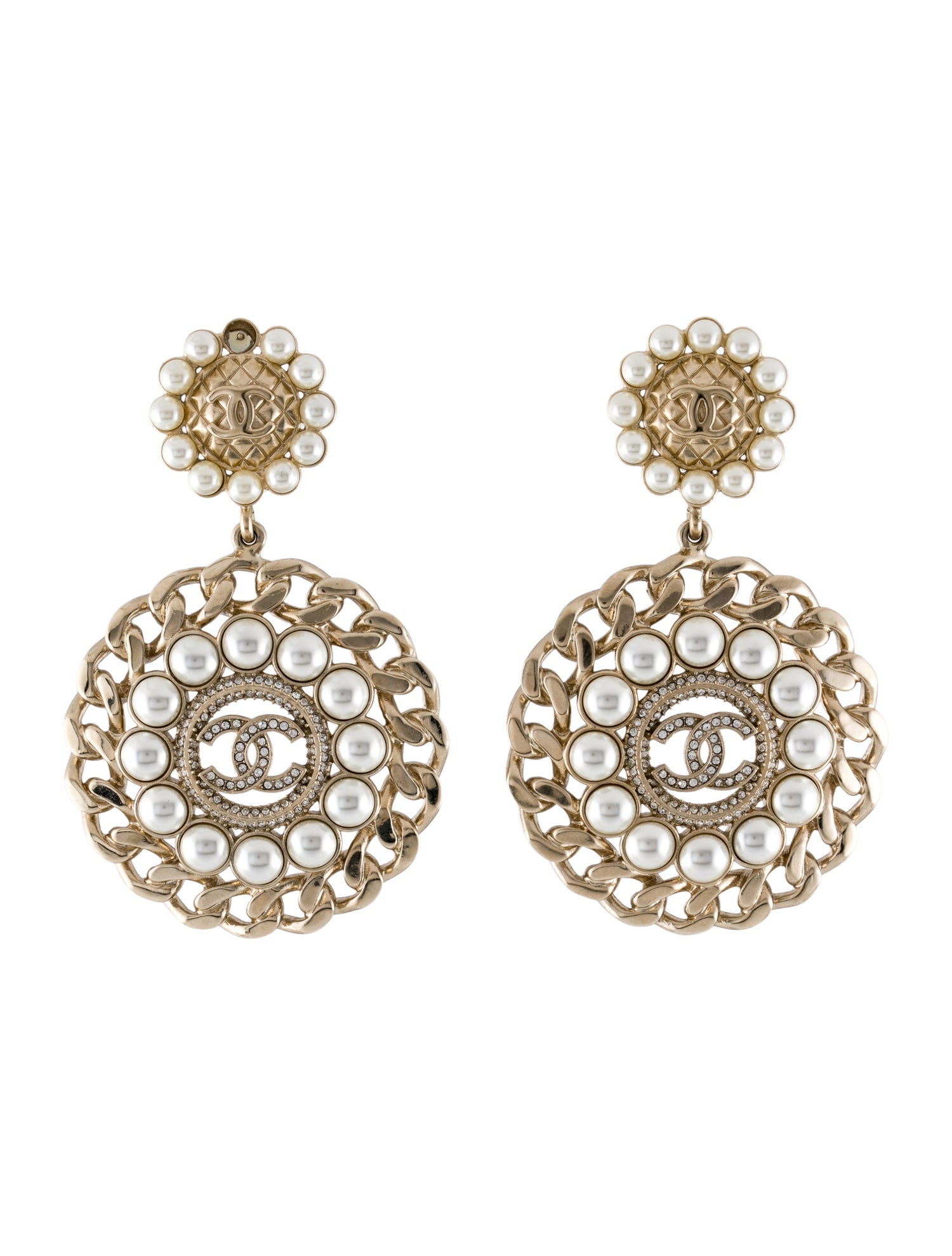 Chanel Faux Pearl & Strass CC Drop Earrings