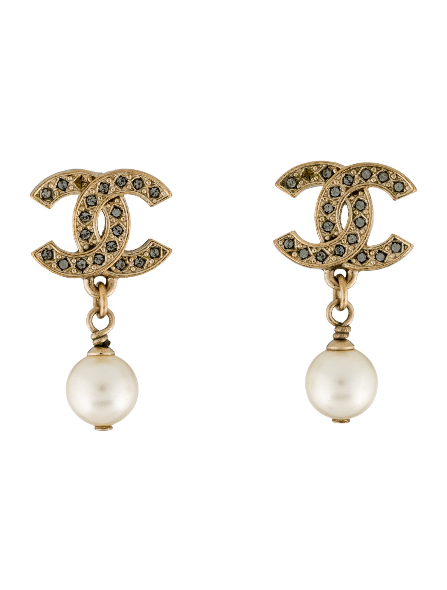 Chanel Faux Pearl & Strass CC Drop Earrings
