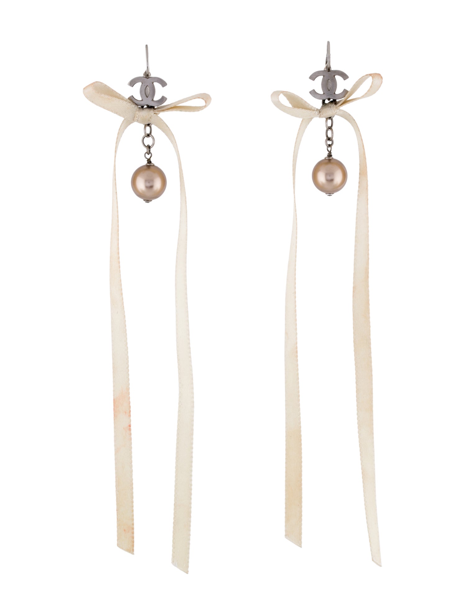 Chanel Faux Pearl & Ribbon CC Drop Earrings