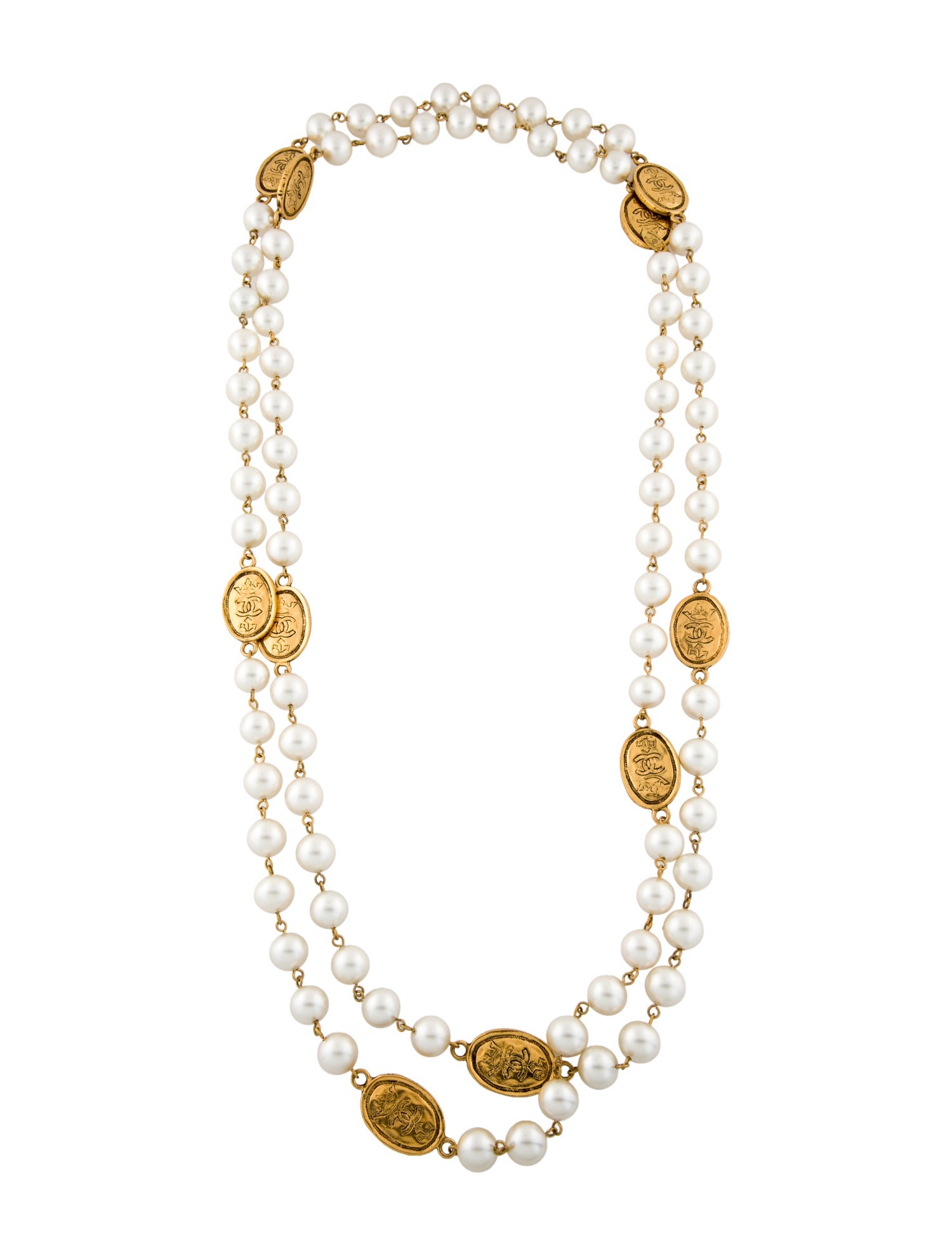 Chanel Vintage Faux Pearl Crown CC Long Station Necklace