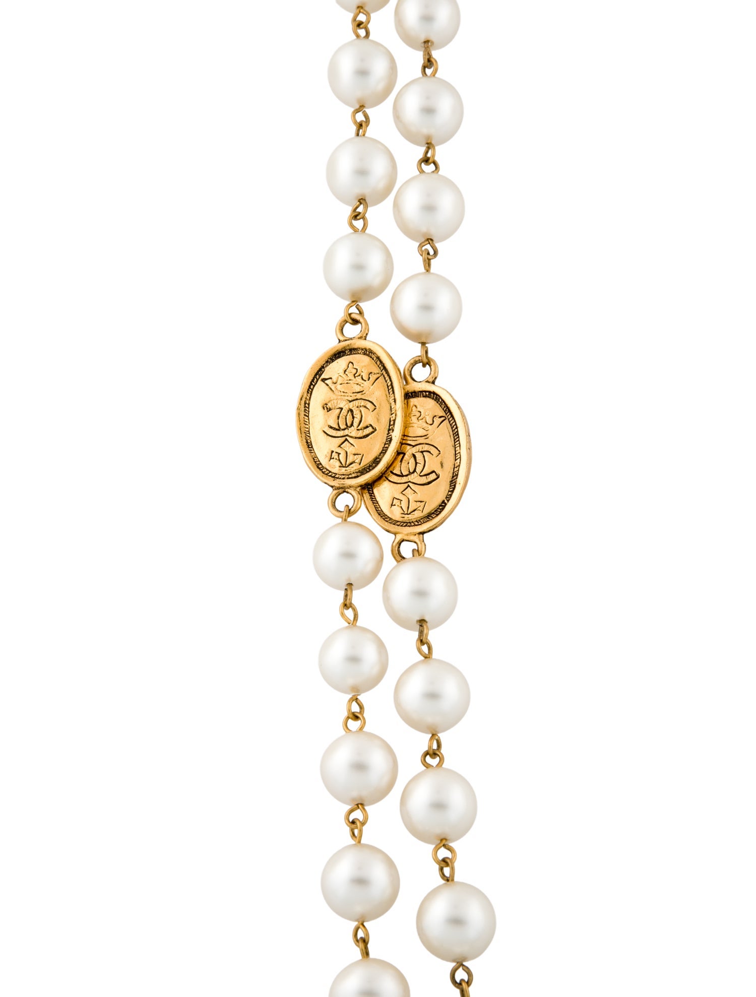 Chanel Vintage Faux Pearl Crown CC Long Station Necklace