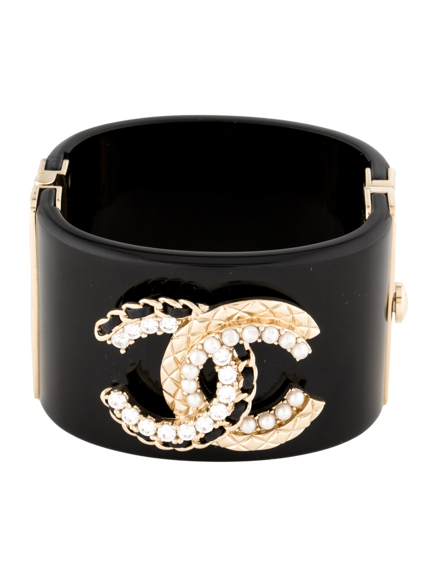 Chanel Leather, Strass, Faux Pearl & Resin CC Cuff Bracelet