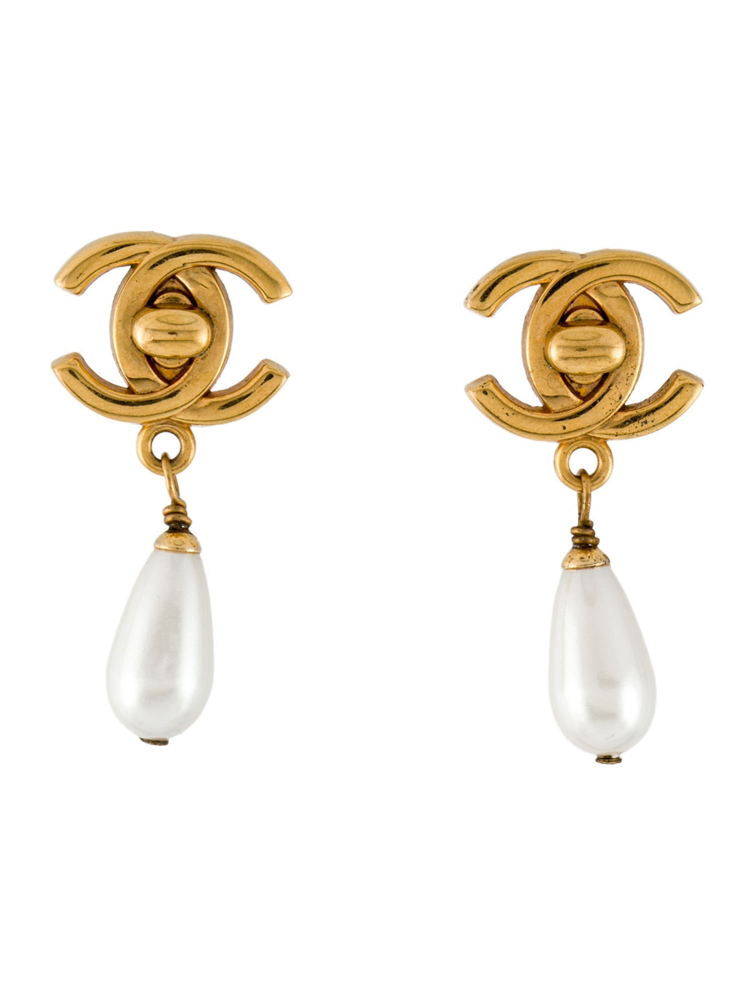 Chanel Vintage Faux Pearl CC Turnlock Drop Clip-On Earrings