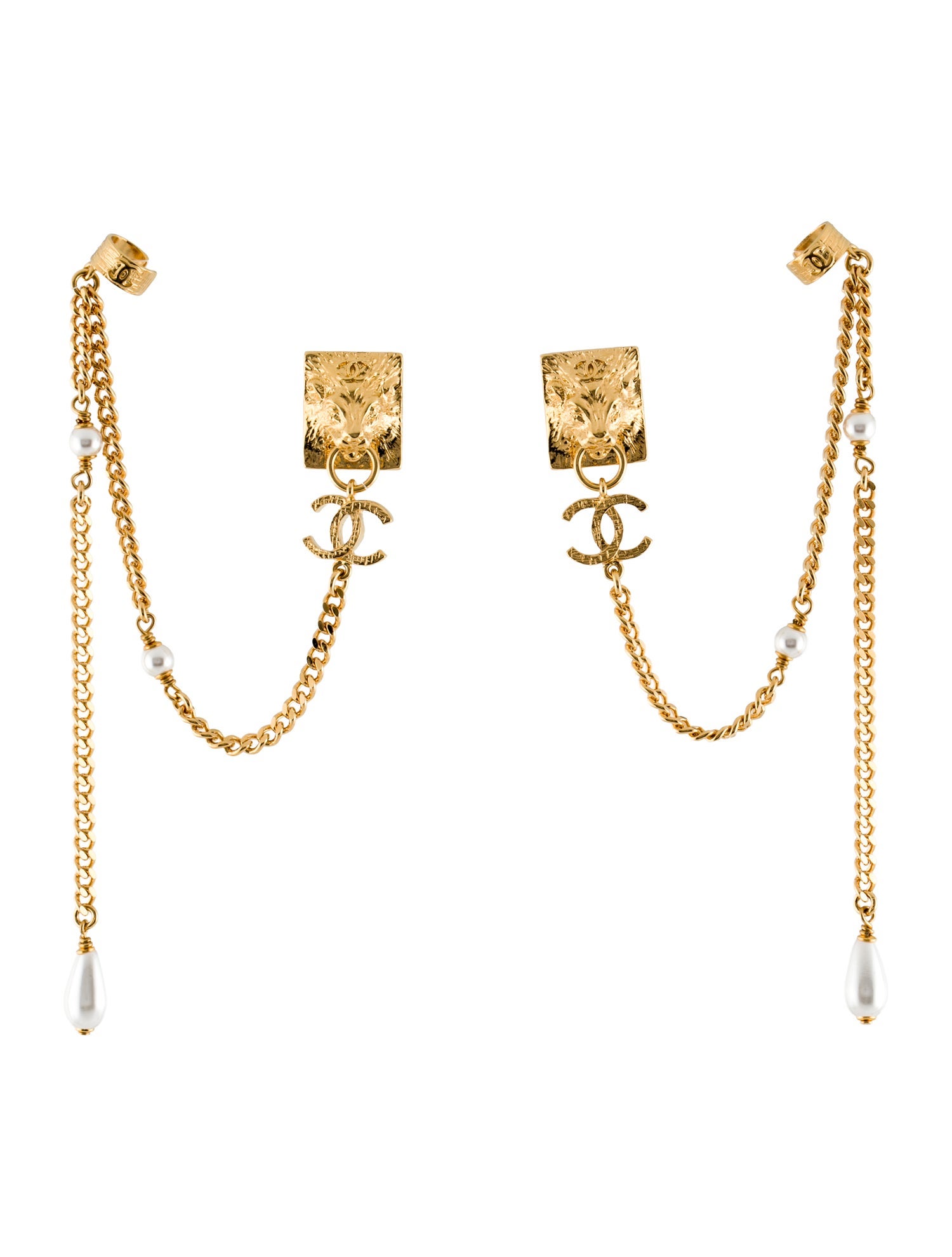 Chanel 2022 Faux Pearl Lion Head Ear Cuff Drop Earrings
