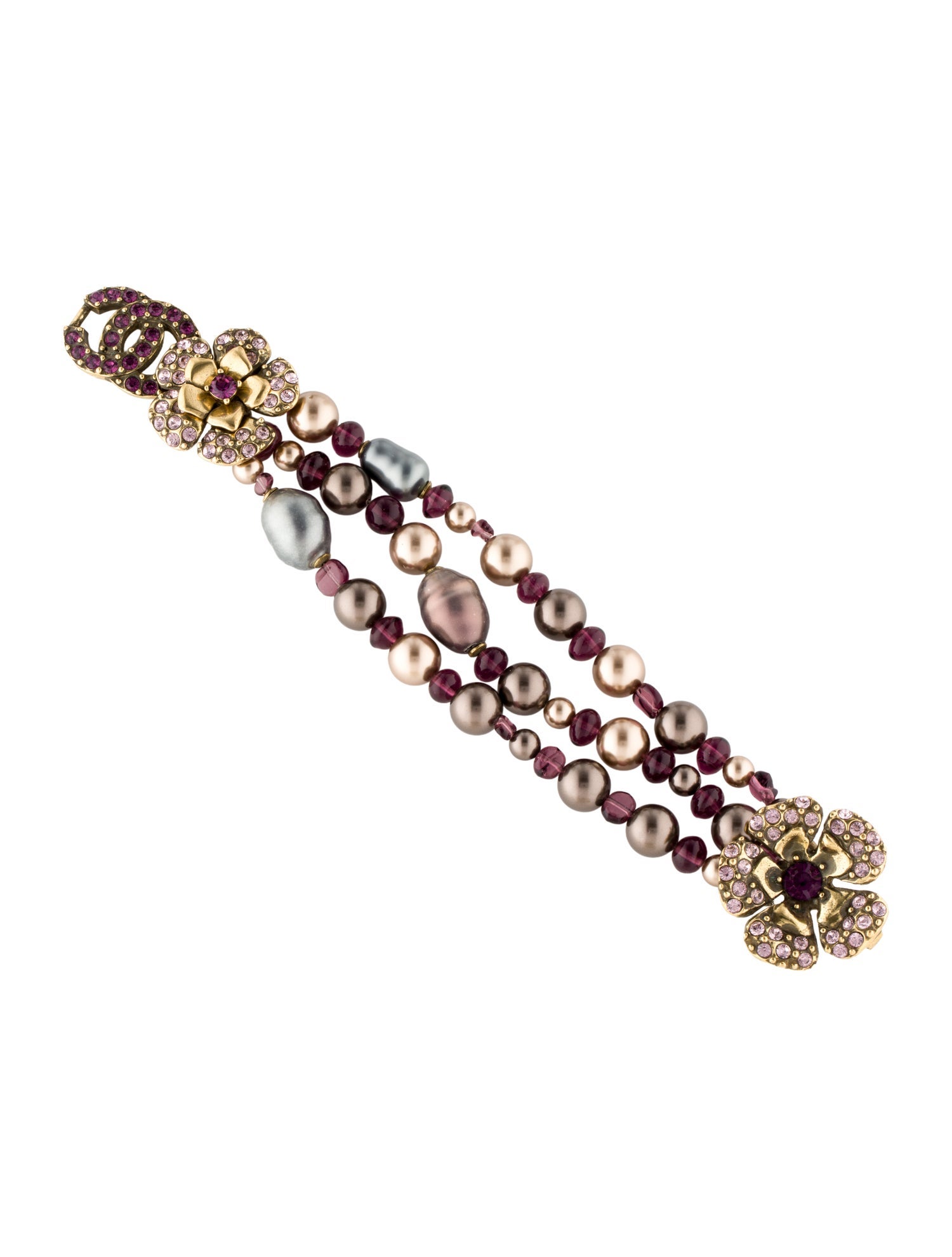 Chanel Vintage Faux Pearl, Resin & Strass CC Camellia Bracelet
