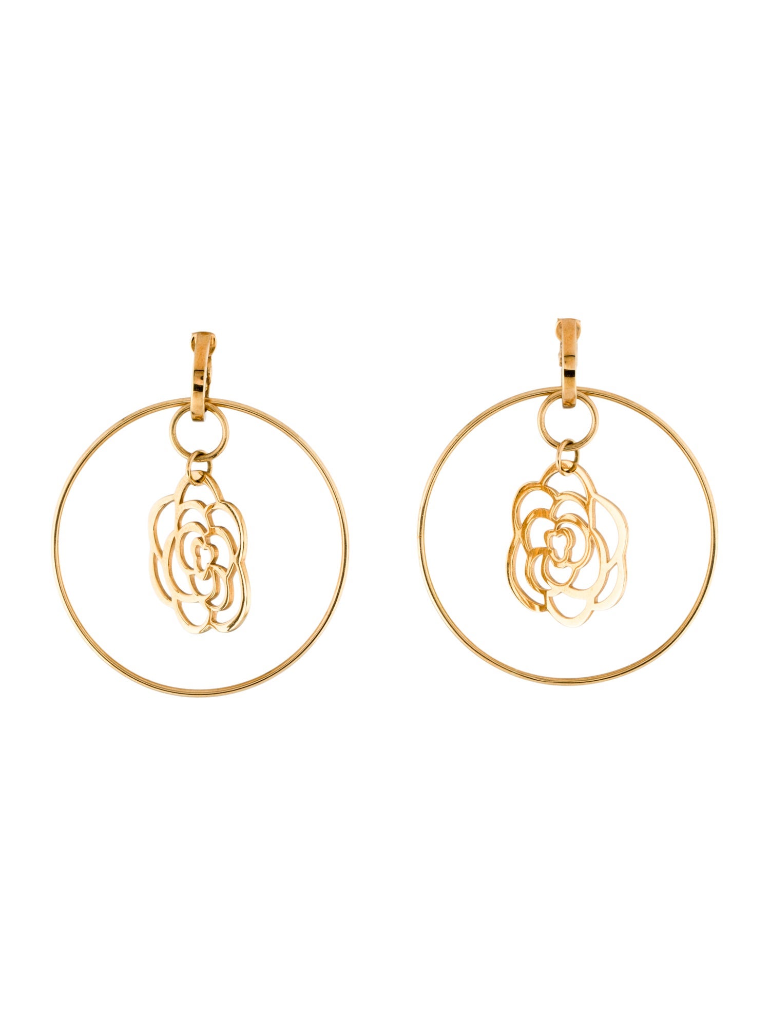 Chanel 18K Camellia Ajoure Hoop Clip-On Earrings