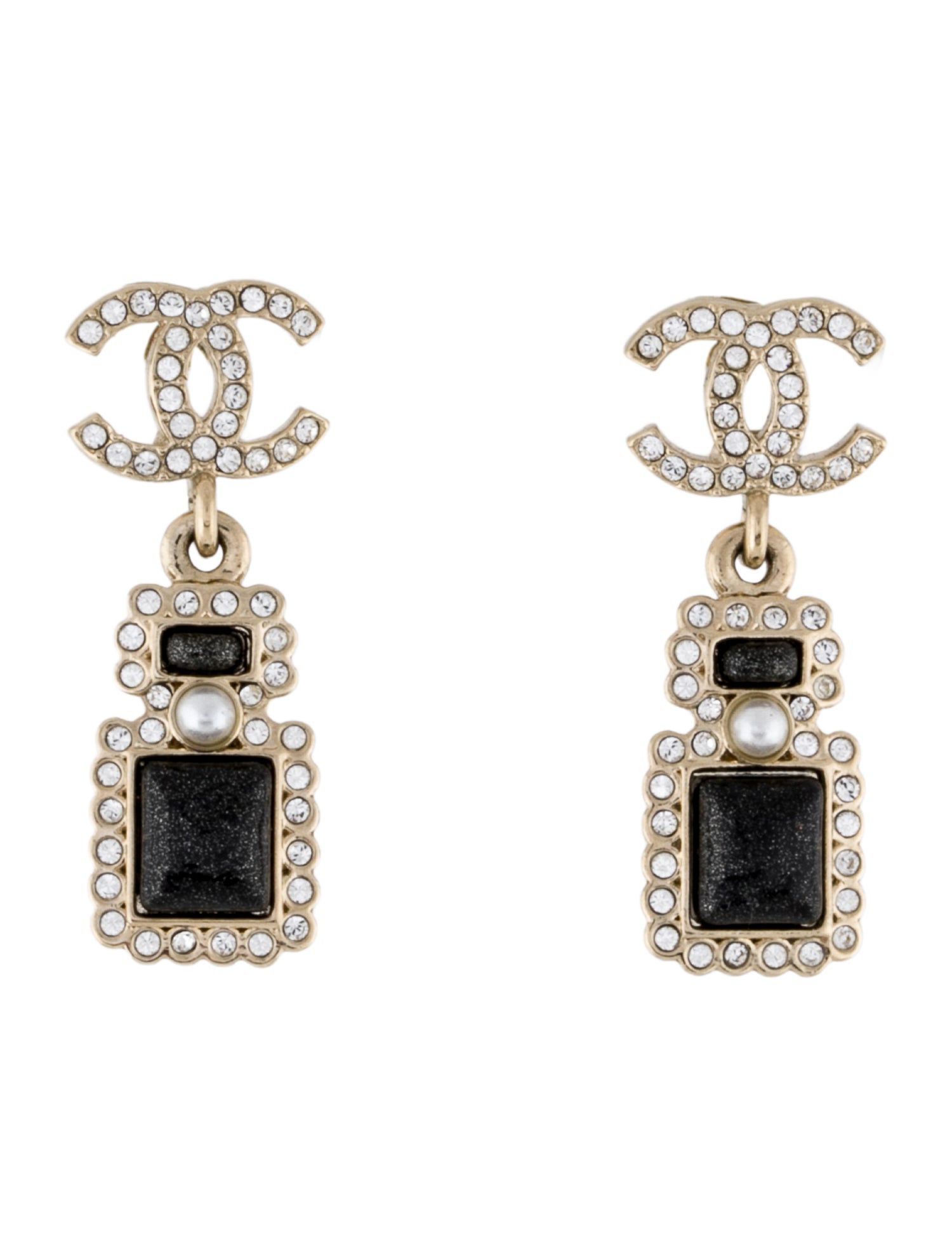 Chanel Faux Pearl & Strass CC Perfume Bottle Drop Earrings