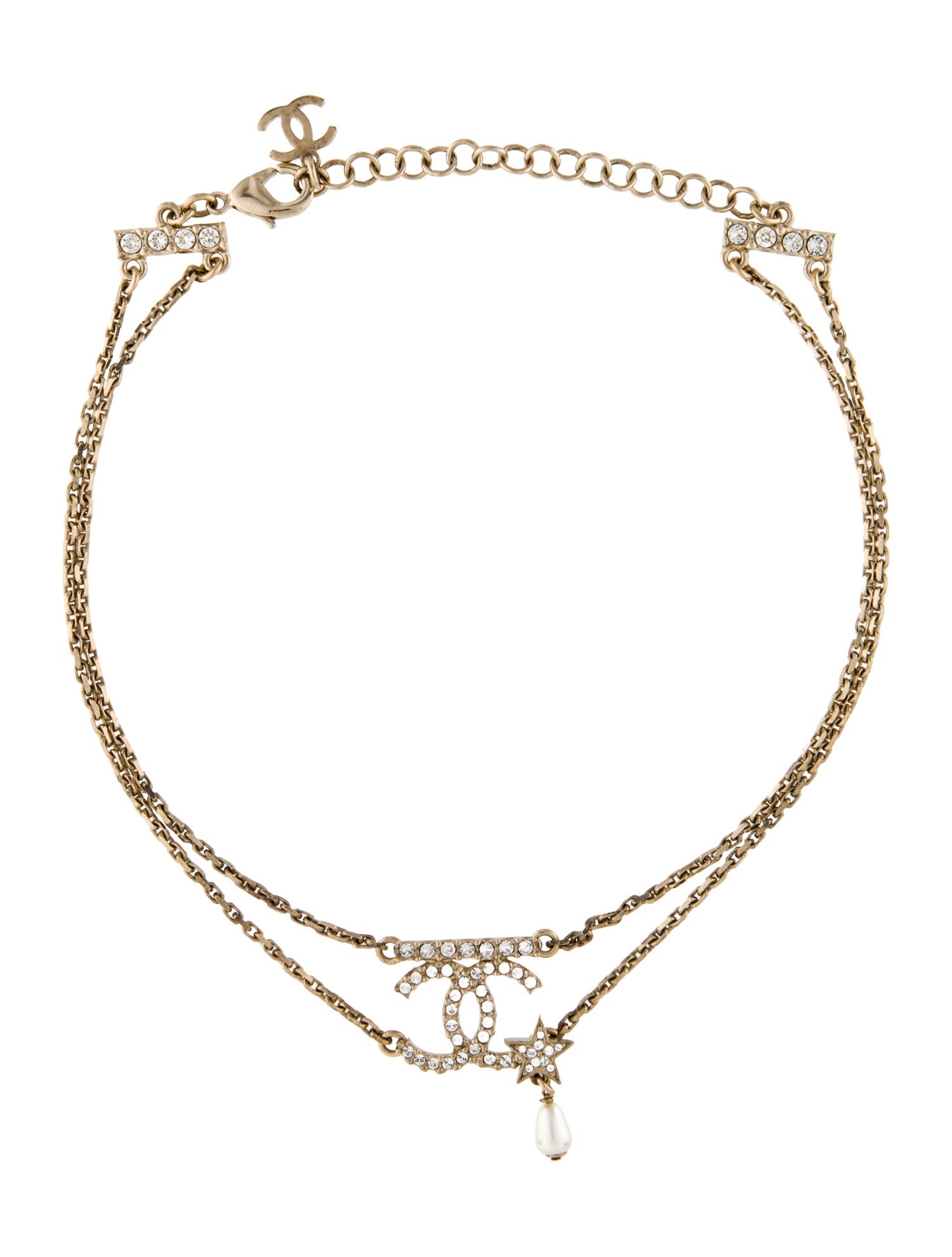 Chanel Faux Pearl & Strass CC Star Chain Choker Necklace
