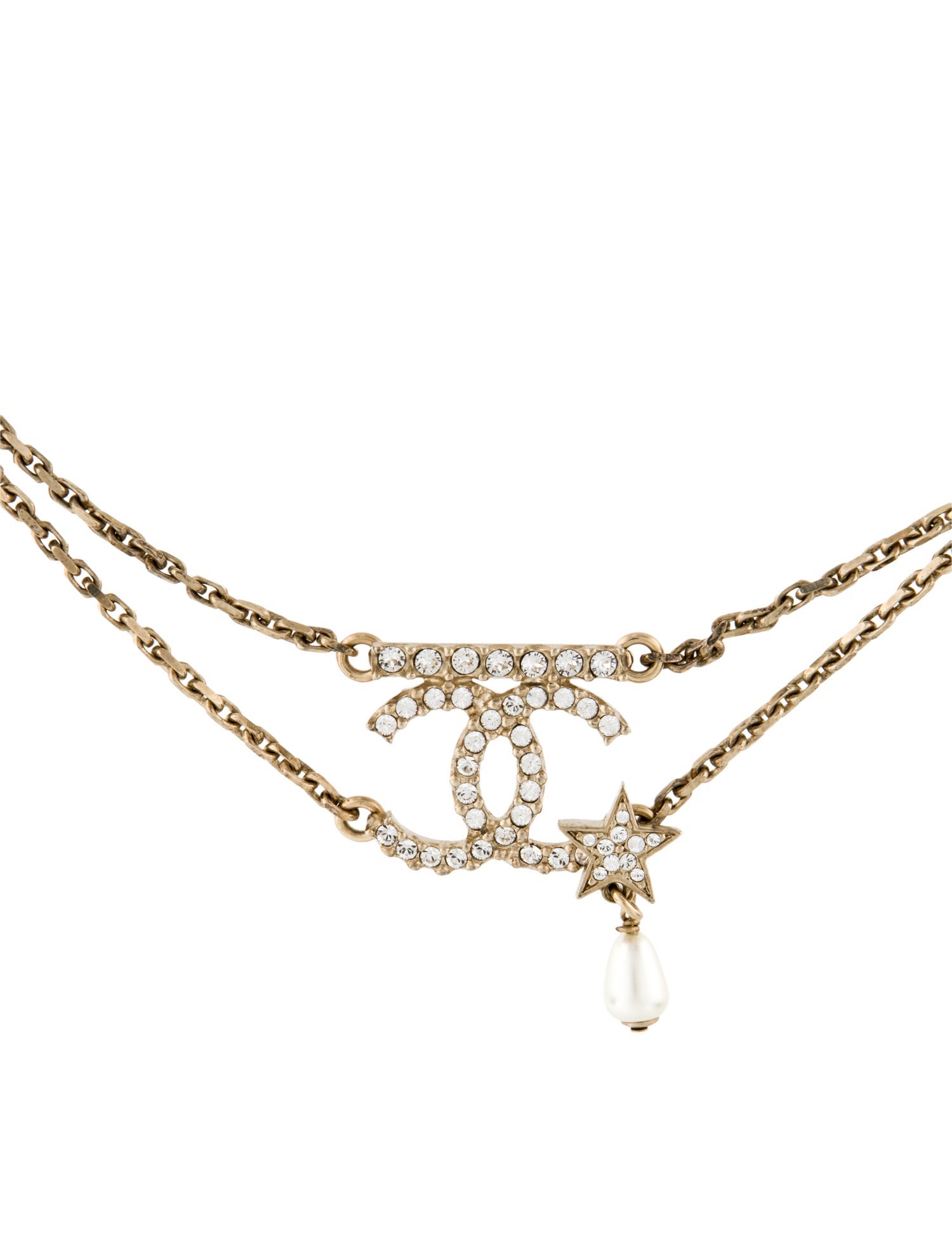 Chanel Faux Pearl & Strass CC Star Chain Choker Necklace
