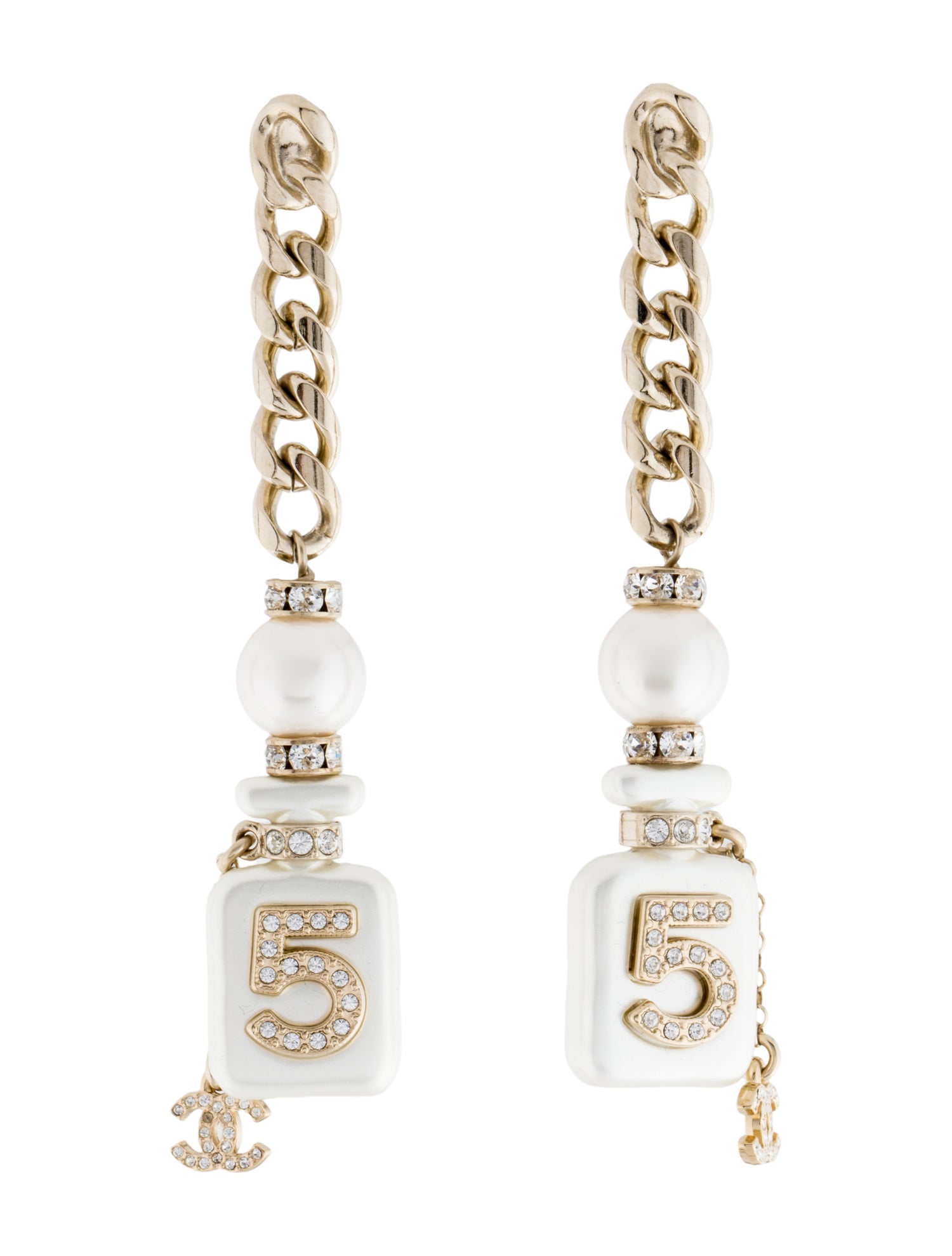 Chanel 2022 Faux Pearl, Resin & Strass Perfume Bottle Drop Earrings