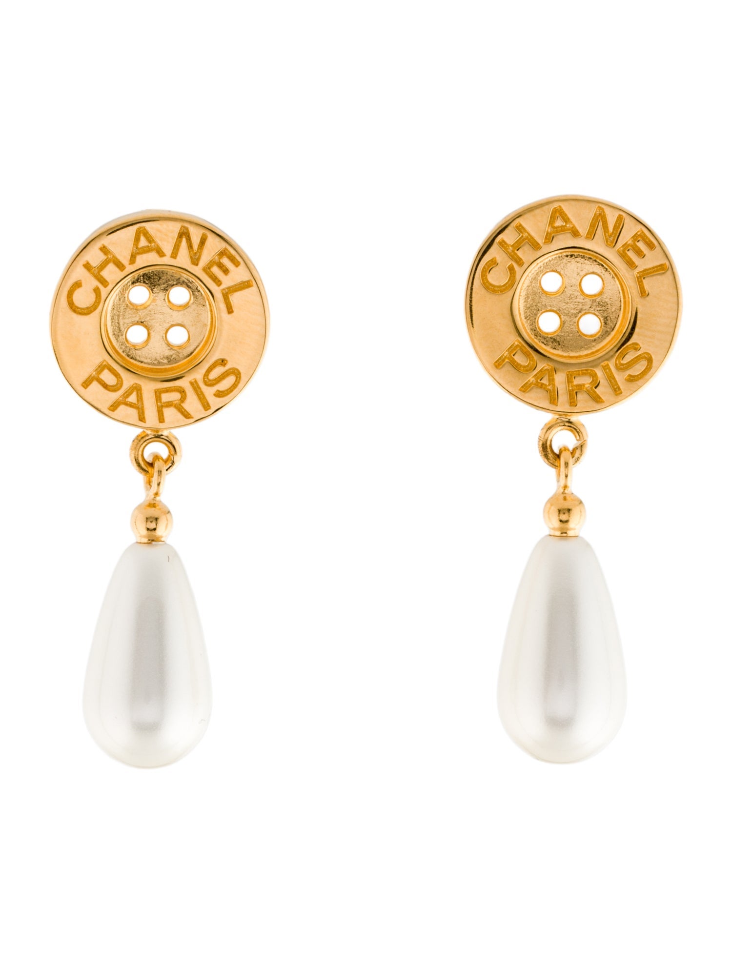 Chanel Faux Pearl Button Drop Earrings
