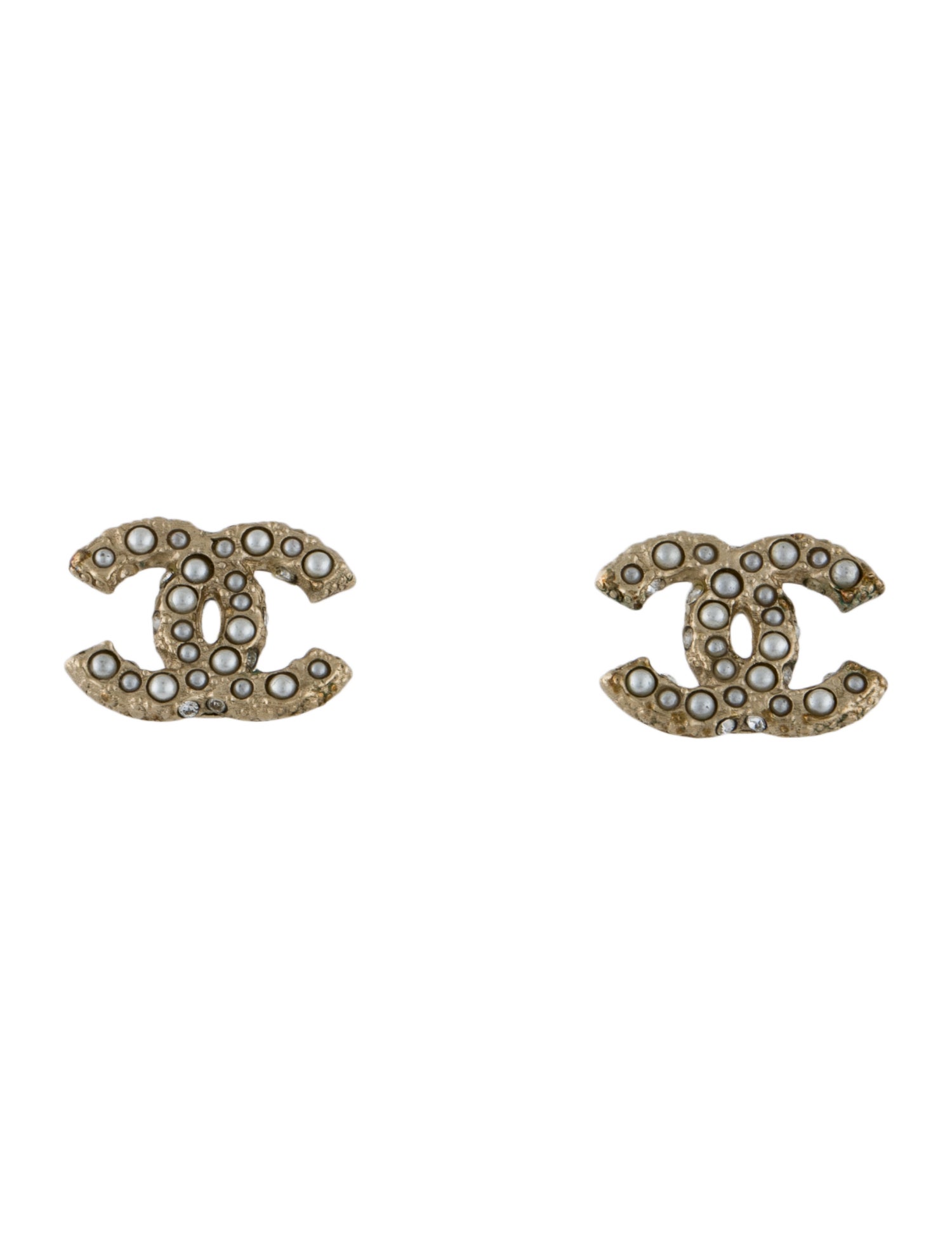 Chanel 2021 Faux Pearl & Strass CC Stud Earrings