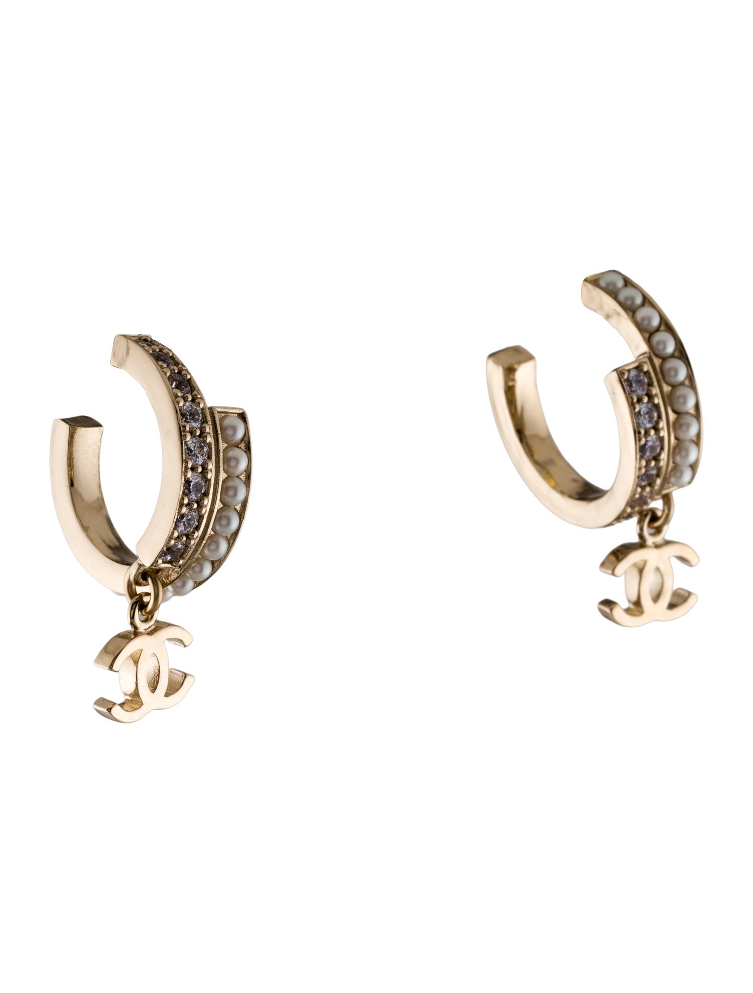 Chanel 2022 Faux Pearl & Strass CC Hoop Earrings