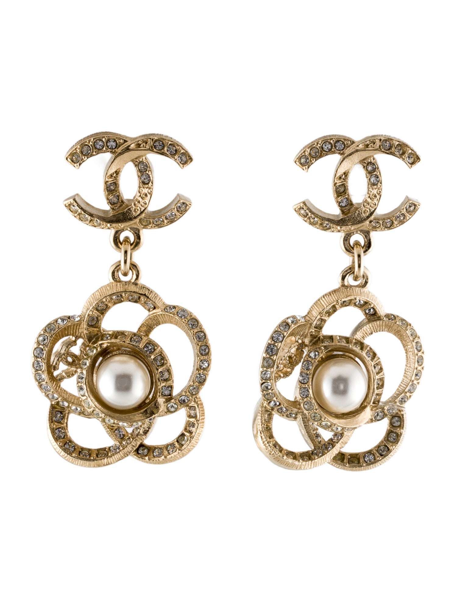 Chanel Faux Pearl & Strass CC Floral Drop Earrings