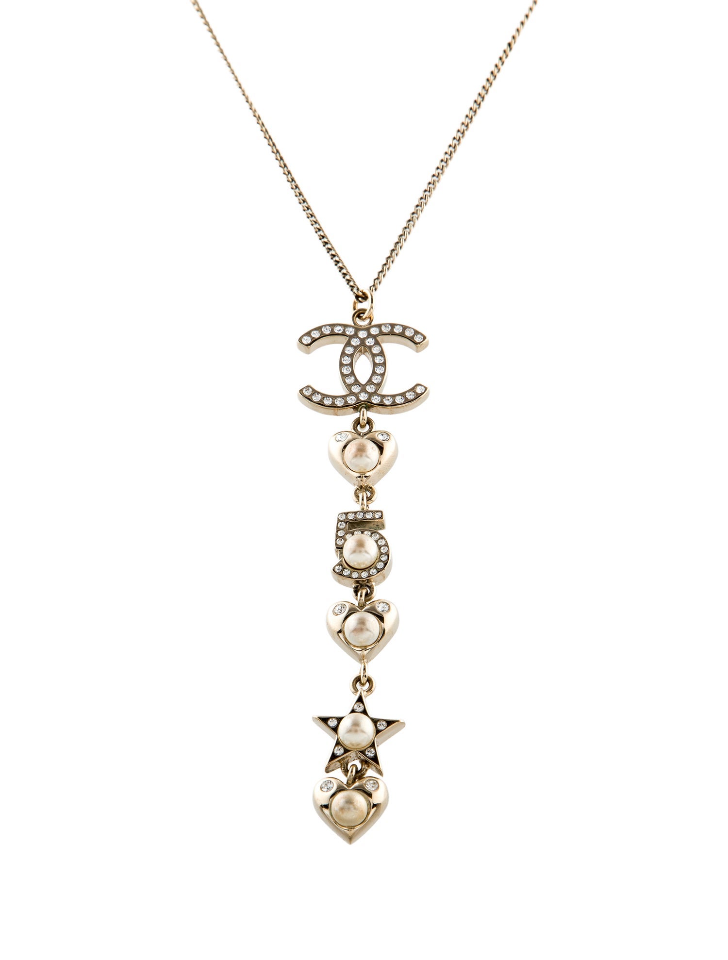 Chanel Faux Pearl & Strass No 5 Heart & Star Pendant Chain Necklace