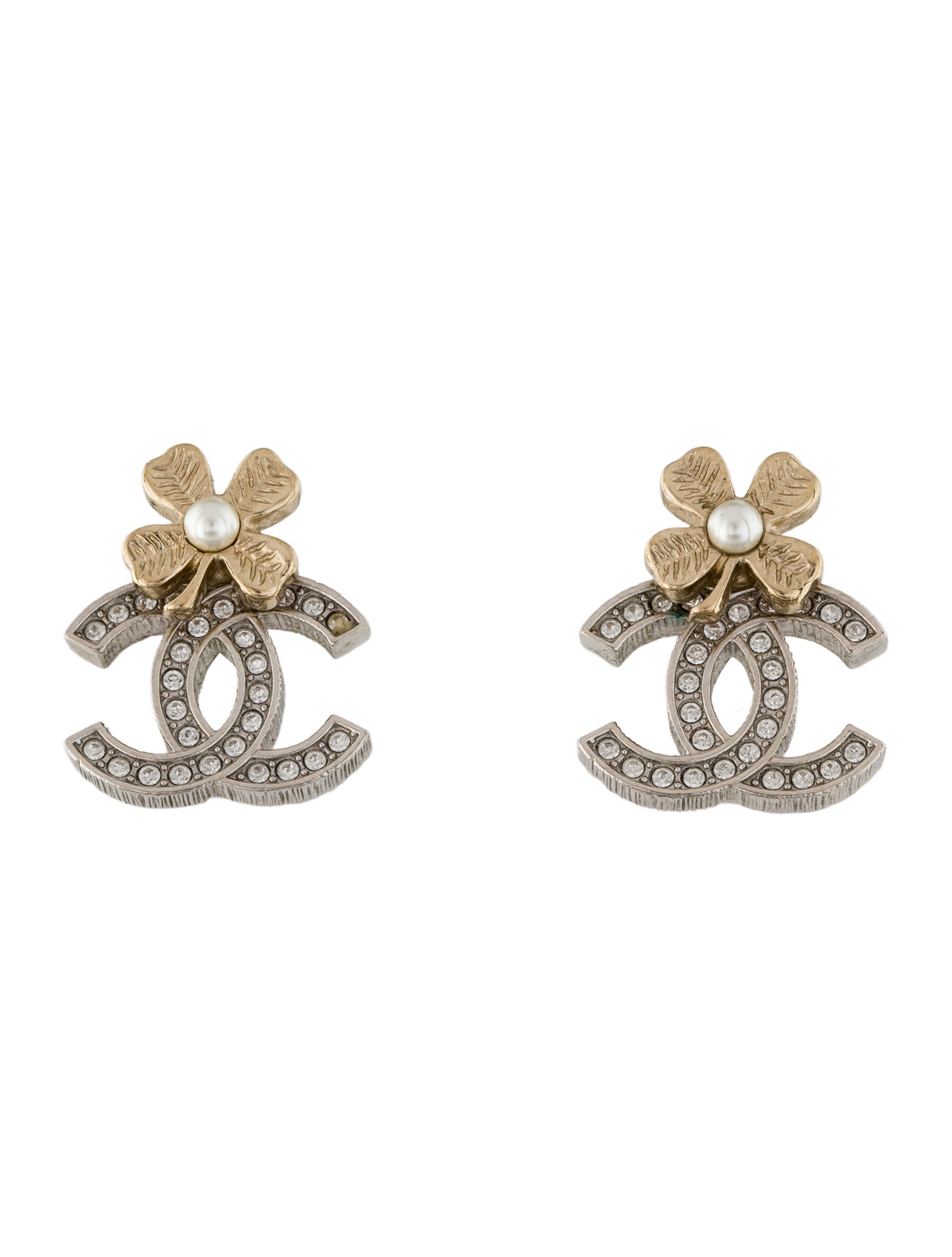 Chanel 2024 Faux Pearl & Strass CC Flower Stud Earrings