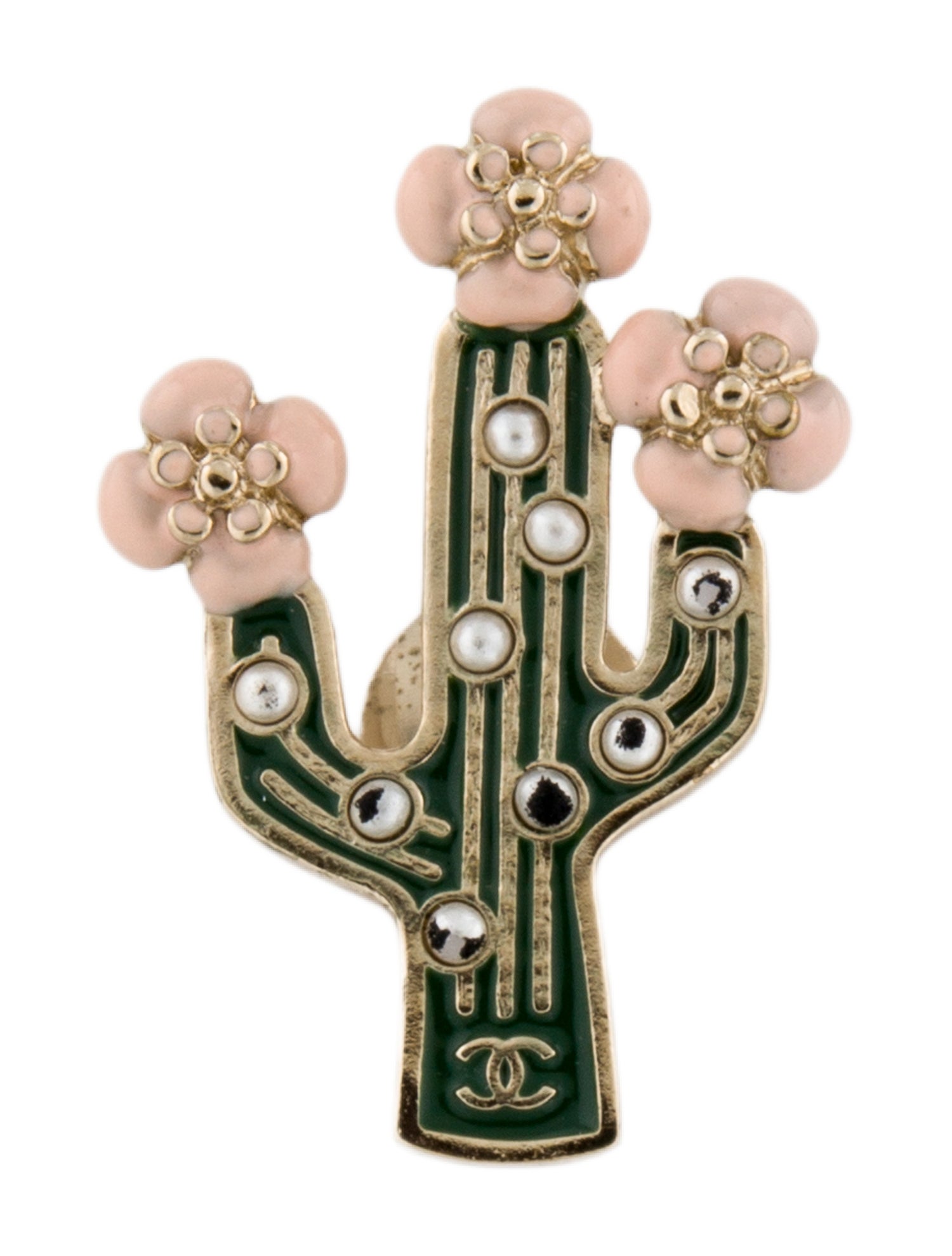 Chanel Faux Pearl & Enamel Cactus Lapel Pin