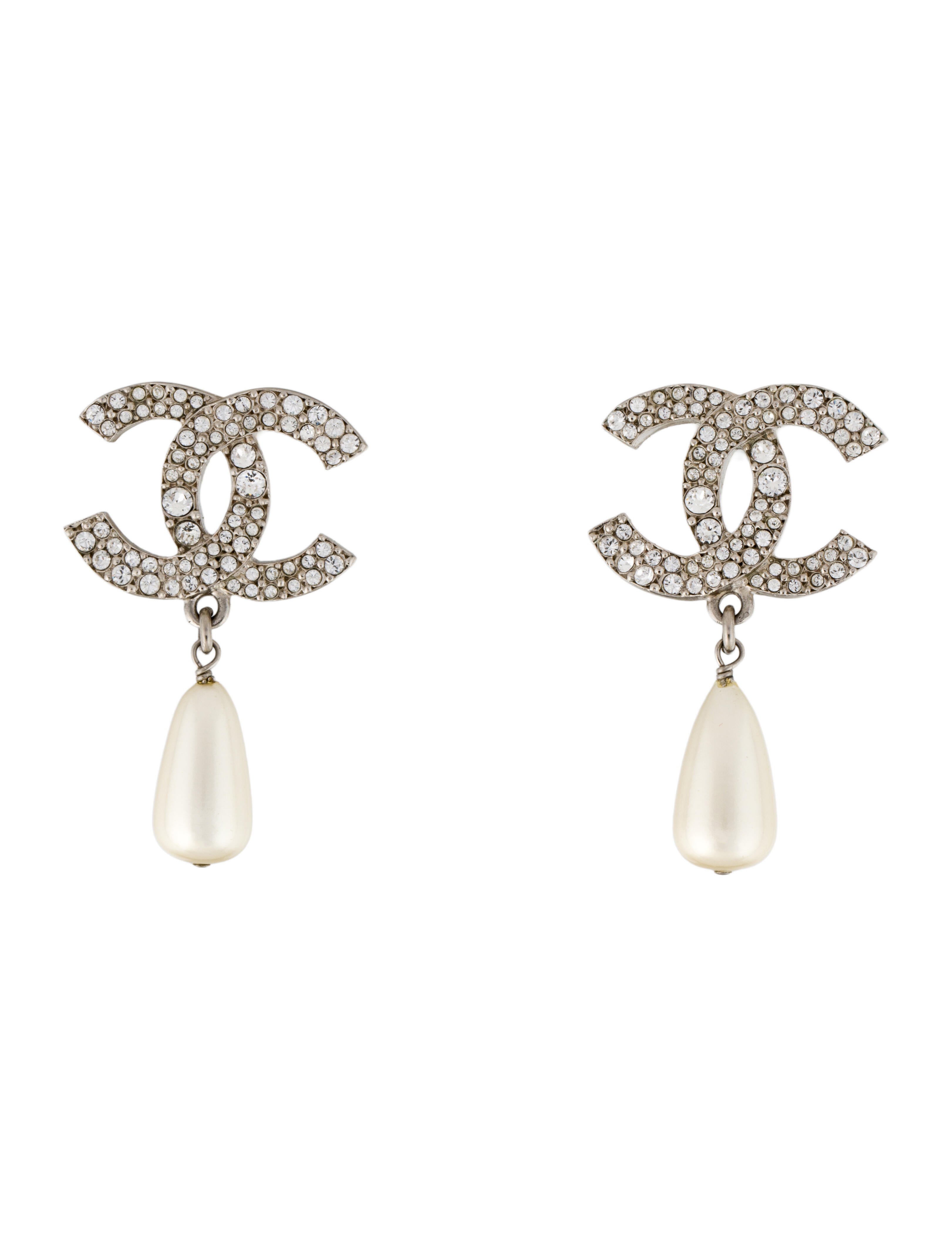 Chanel Faux Pearl & Strass CC Drop Earrings
