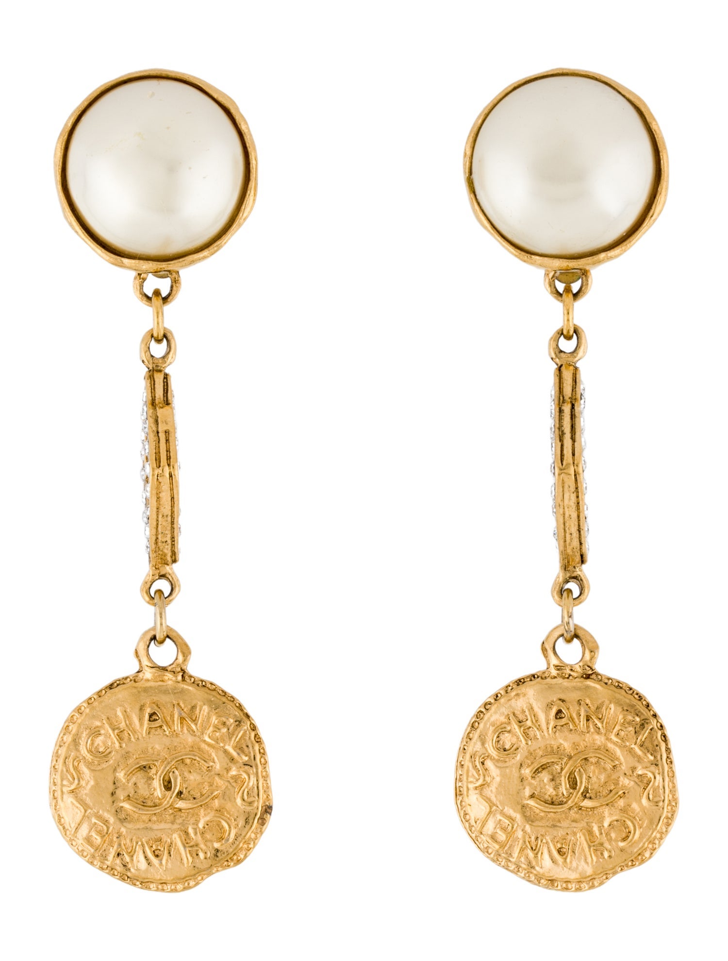 Chanel Vintage Faux Pearl & Strass CC Clip-On Drop Earrings