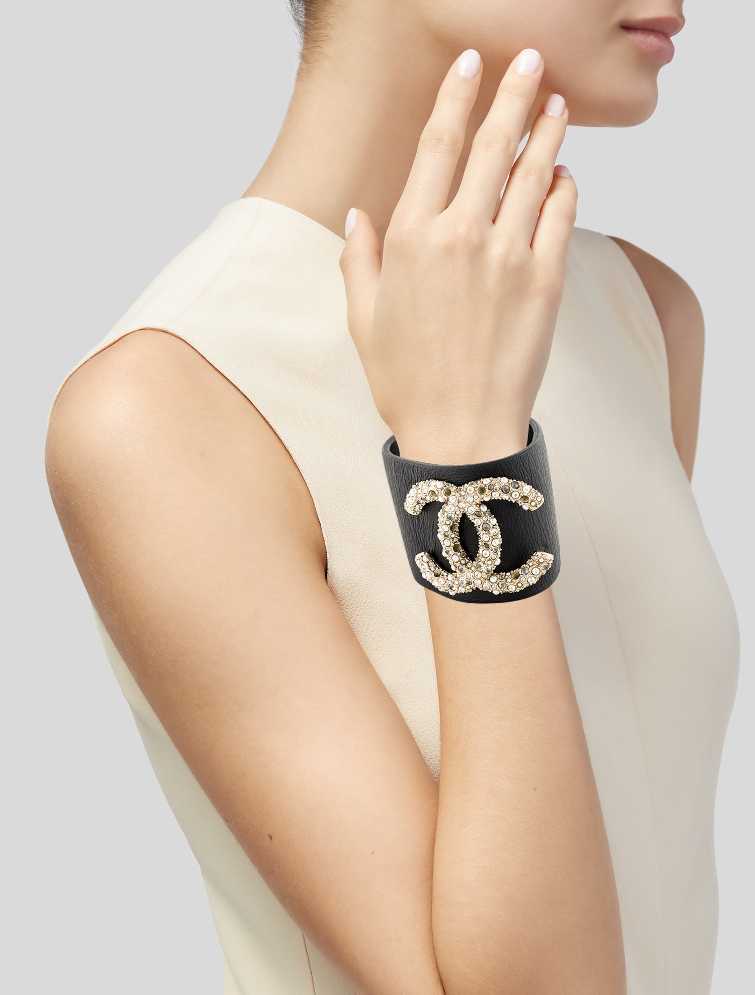 Chanel Faux Pearl, Leather & Strass CC Wrap Bracelet