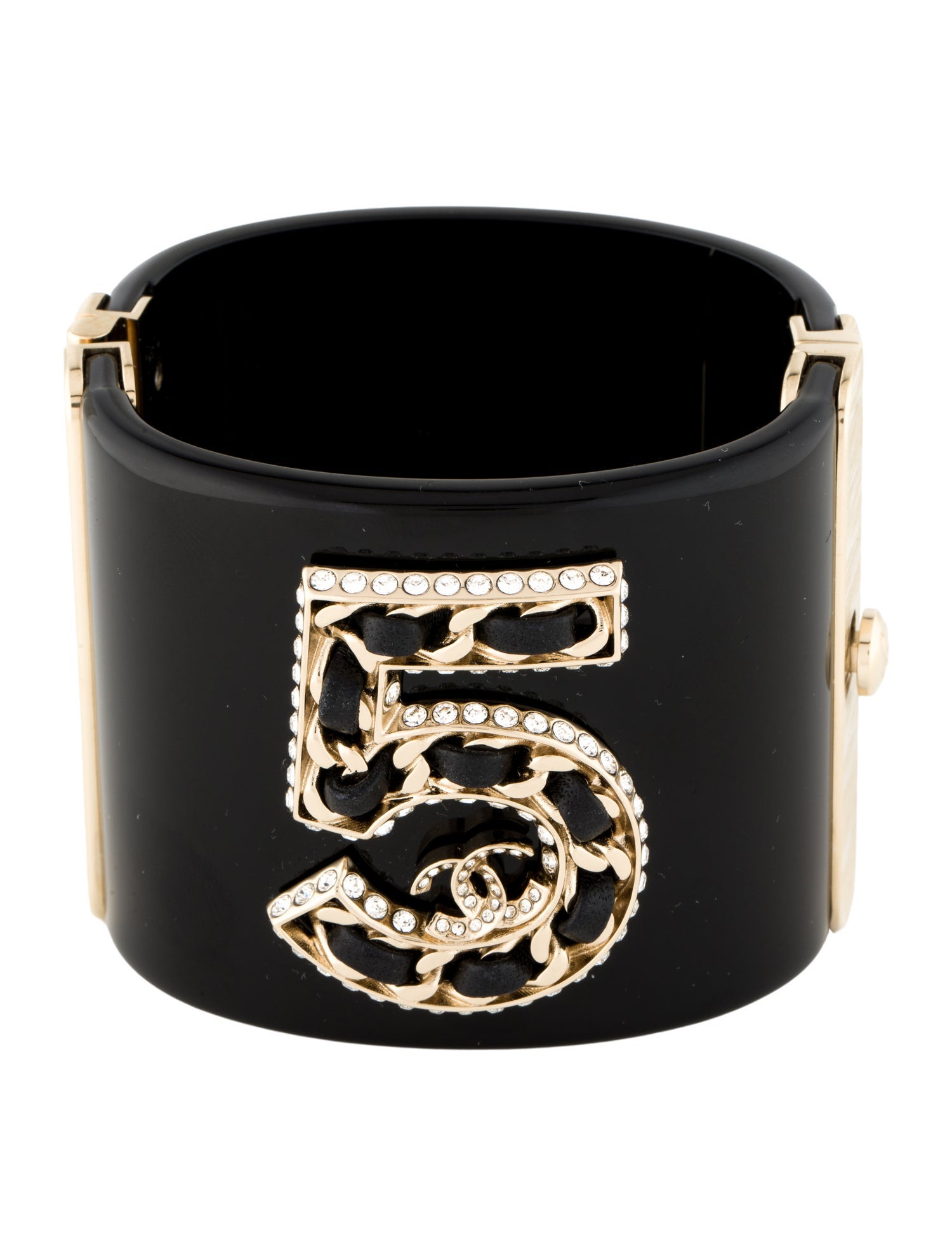 Chanel 2023 Leather, Resin & Strass No. 5 Hinged Cuff Bracelet