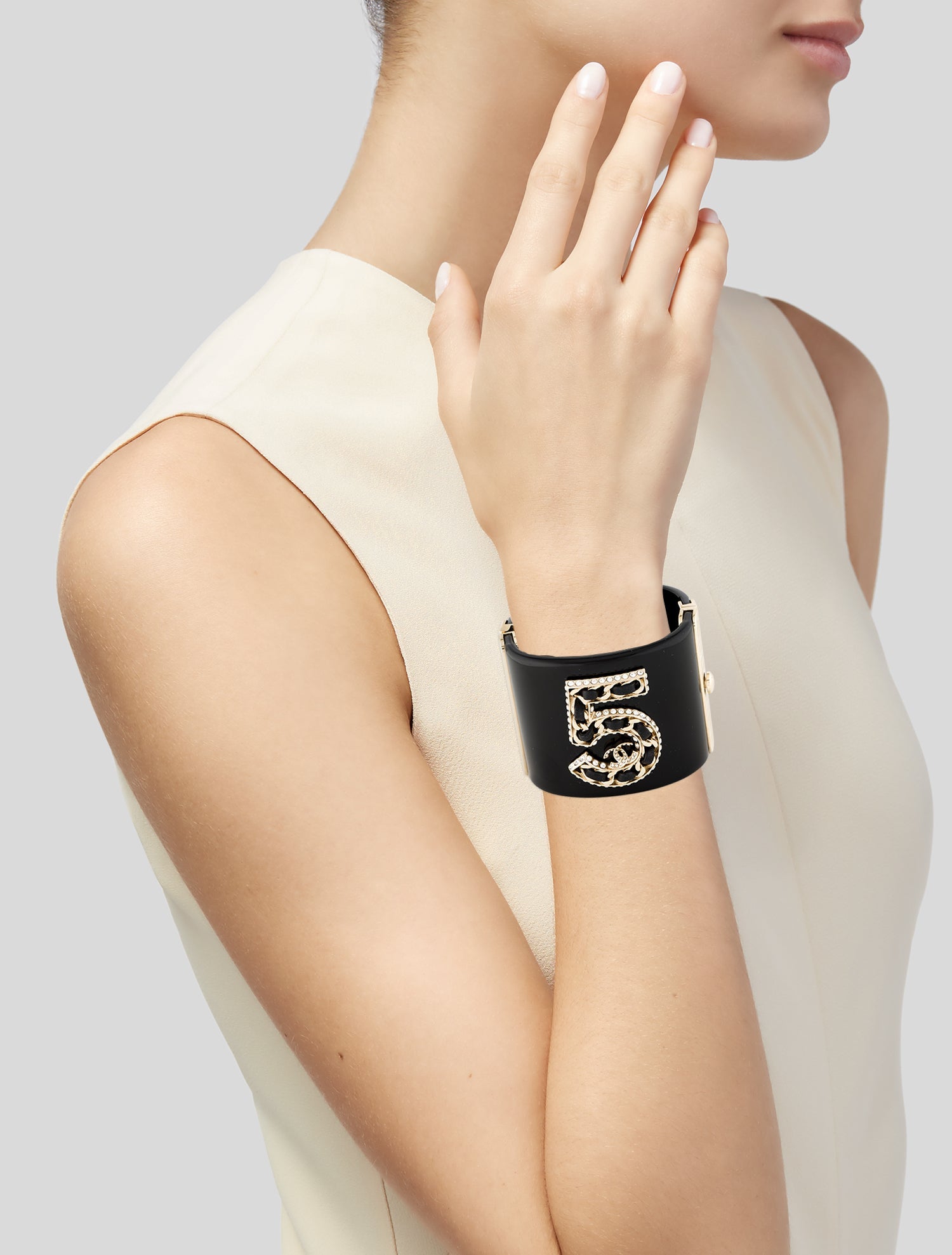 Chanel 2023 Leather, Resin & Strass No. 5 Hinged Cuff Bracelet