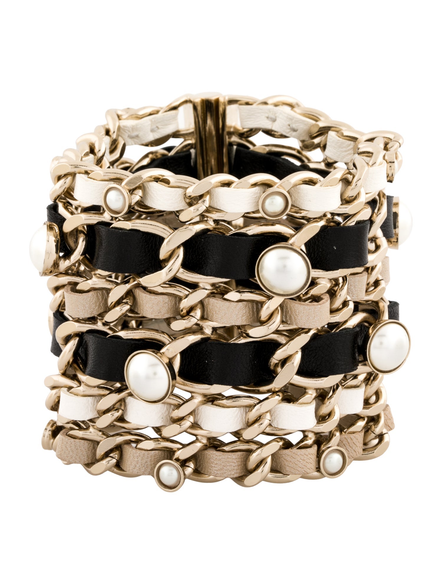Chanel 2019 Faux Pearl, Leather & Strass Wrap Bracelet