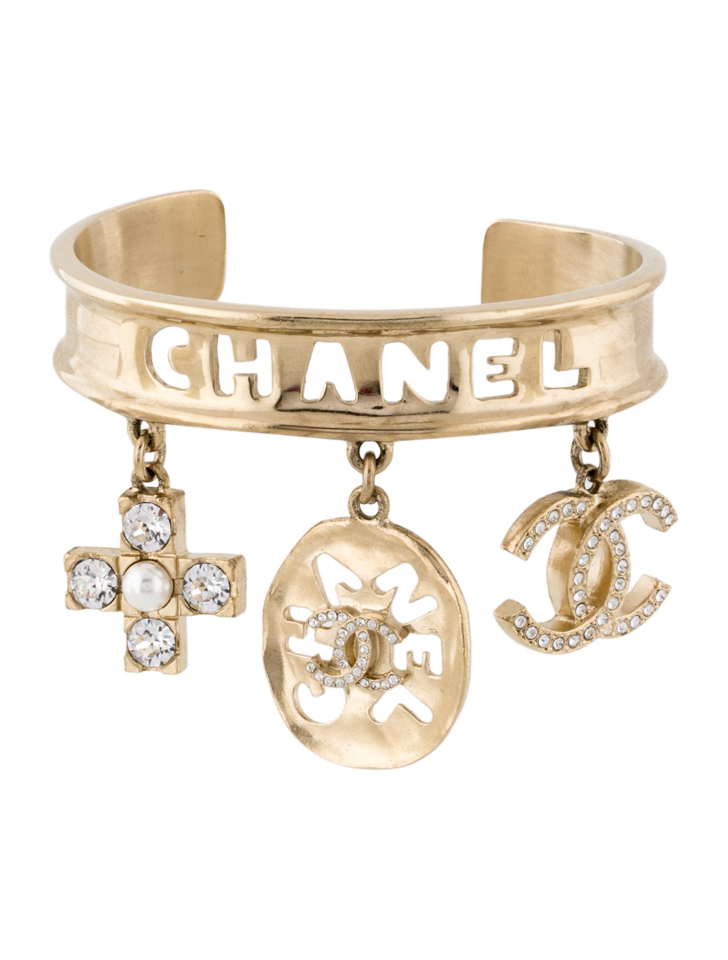 Chanel Faux Pearl & Strass Charm Cuff Bracelet