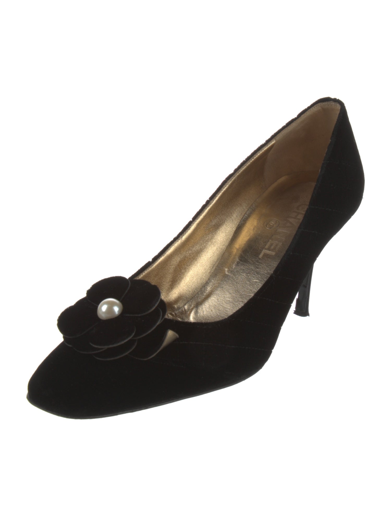 Chanel Faux Pearl Accents Velvet Pumps