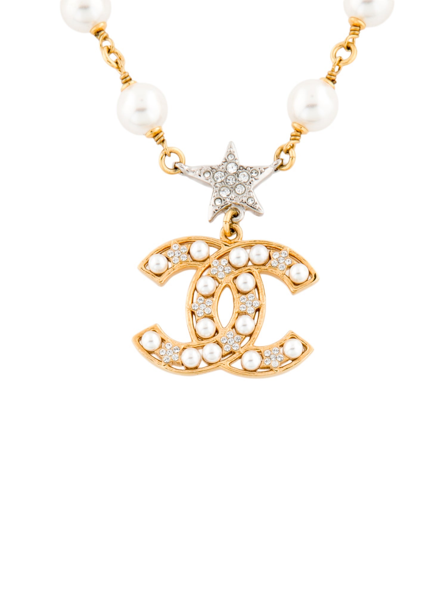 Chanel 2020 Faux Pearl & Strass CC Star Pendant Necklace
